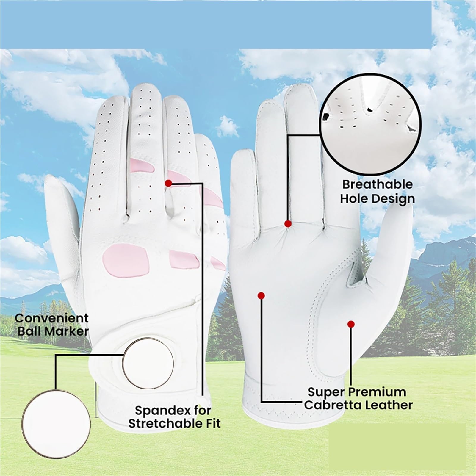 Damen-Golfhandschuhe, 6er-Pack | -Lederhandschuhe mit Ballmarker for jedes Wetter