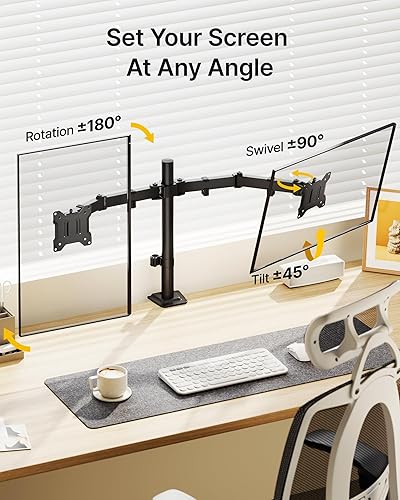 Miniatura 4 de monTEK Soporte de monitor dual estable para pantallas de computadora de 17 a 32 pulgadas, soporte de escritorio resistente con 22 libras por brazo,