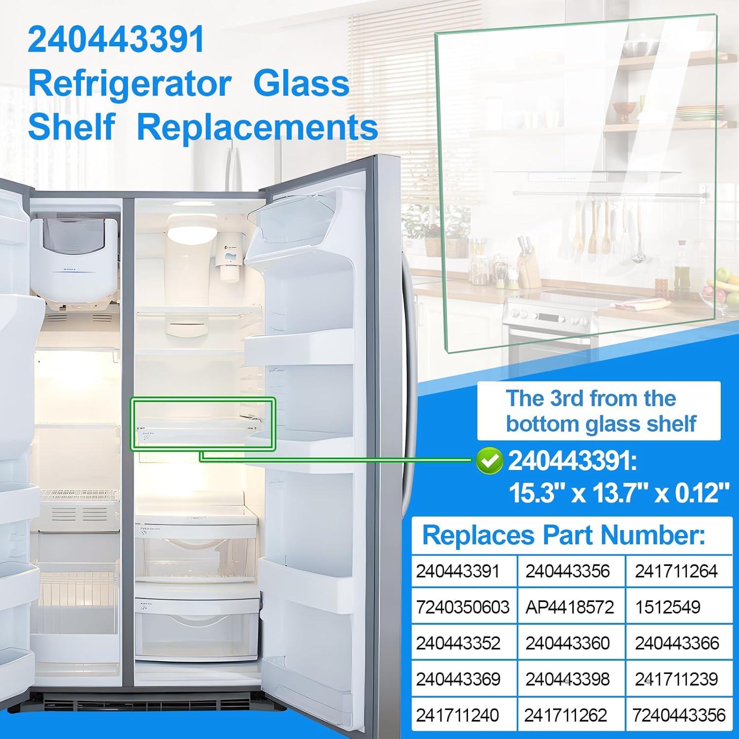 UPGRADED 240443391 Refrigerator Glass Shelf Replacement for Frigidaire Electrolux Kenmore Refrigerator Deli Drawer Cover Glass Insert,Tempered Glass Shelf Parts 240443356 241711264,Crisper Glass Shelf
