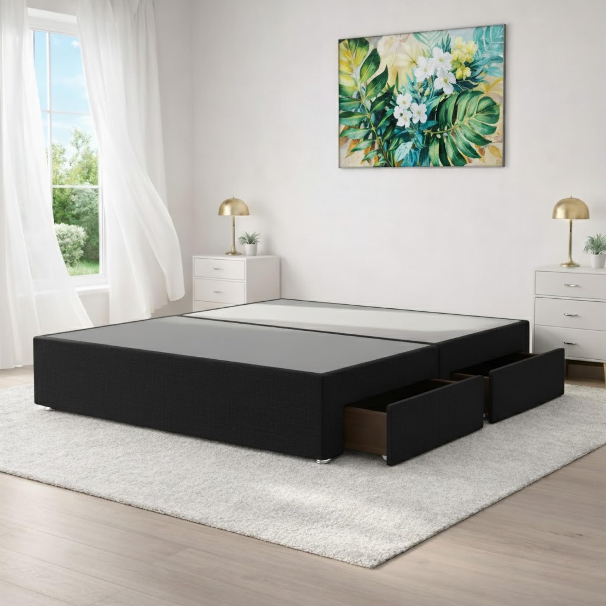 4FT6 Luxury Black Plush Divan Double Bed Base | Solid & Affordable Bedroom Bed Base for You | Without Storage Drawers