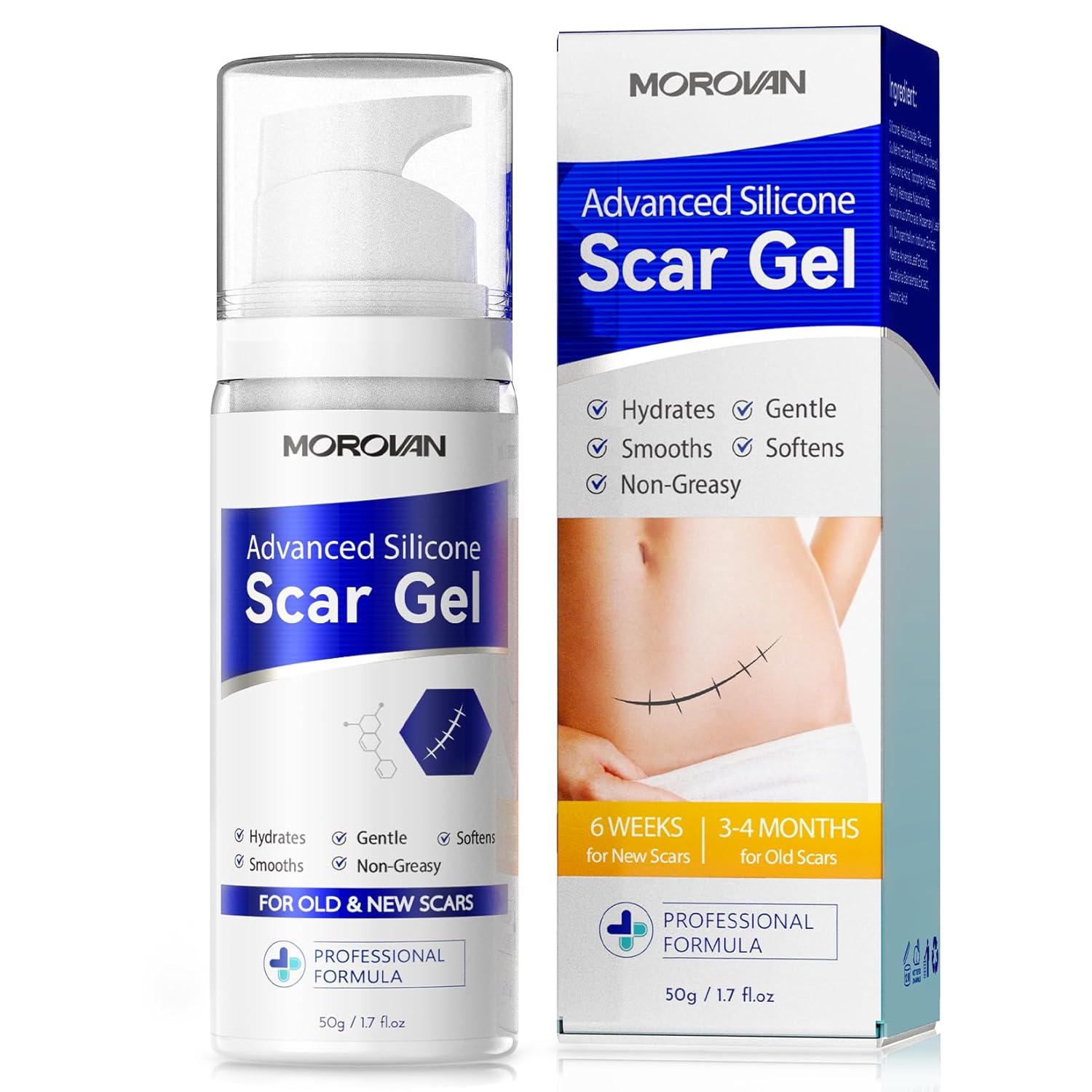 Morovan silicone scar removal Gel: Scar cream for Body and face Effectively minimizes the appearance of Scars from Stretch Marks Surgical Scar Keloids Acne Burns and Other, New scar 6 weeks