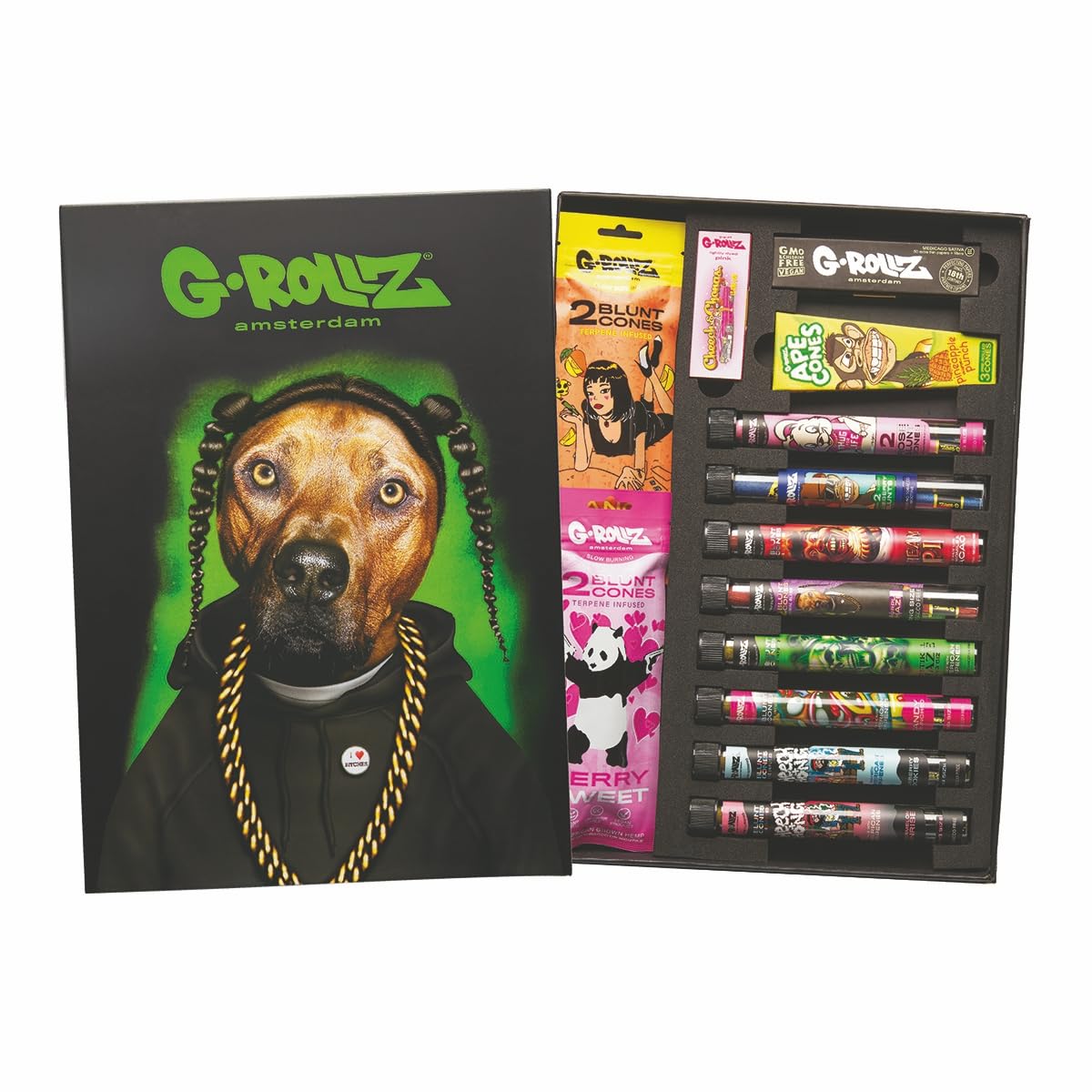 G-Rollz - große Geschenkbox - The Dog Premium Collection - 20x Terpene Infused Blunt Cones (2 King-Size-Kegel je Glasröhrchen),8x Blunt Wraps, 2x rolling Paper, 1x Pop Cone - Exklusive Edition