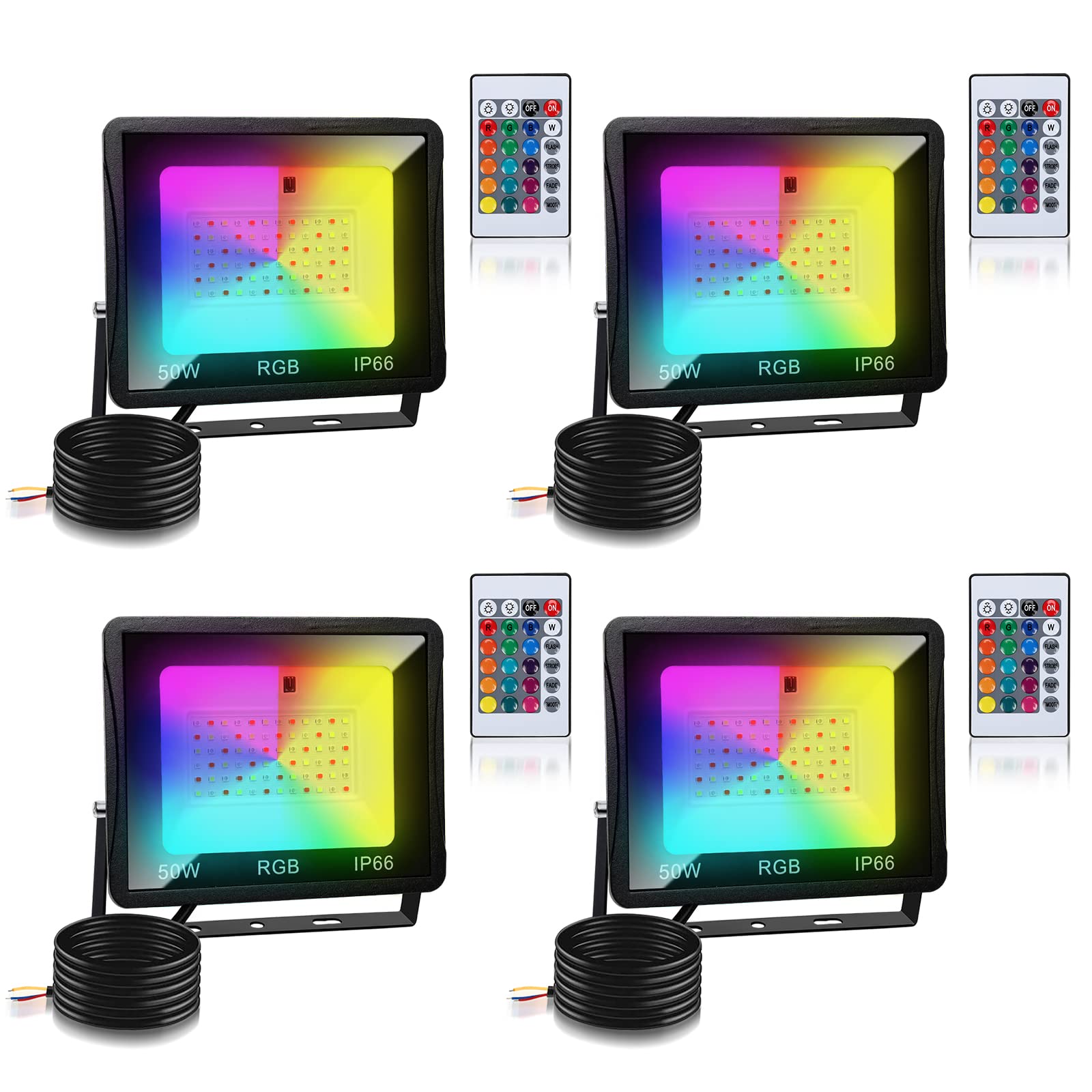 Herrselsam RGB LED Strahler 50W mit Fernbedienung, 4 Stück, 19 cm, Indoor und Outdoor, LED, 120°, Wasserdicht, RGB, Multicolor, 200 Watt, Lichterkette
