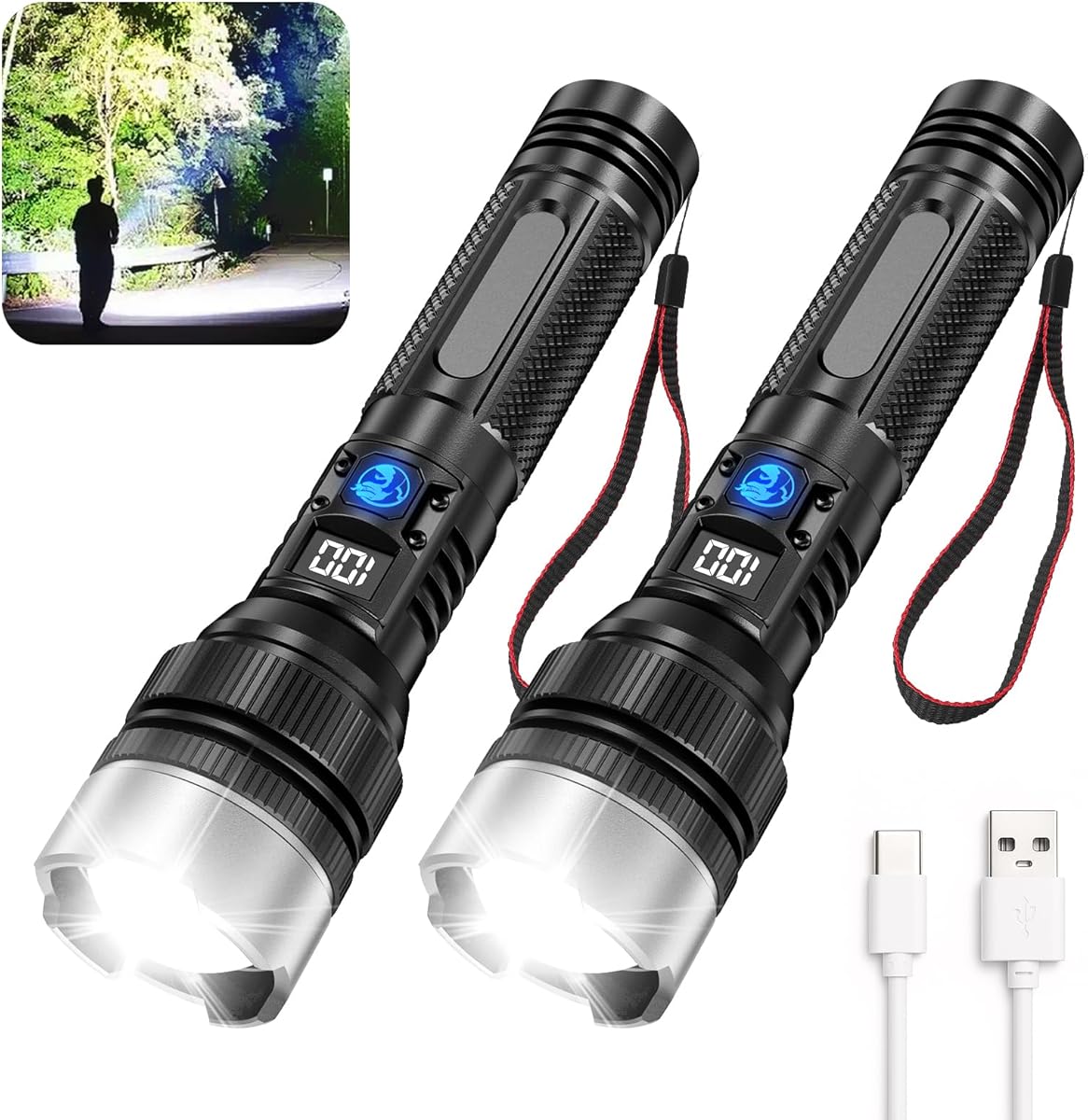 Flashlight with 10000 Lumens, Type-C Fast Charging & 16-Hour Runtime, 3 Modes, Telescopic Zoom, Waterproof, Compact Handheld Flashlight for Camping, Hiking, Hurricane Prep (2-Pack)