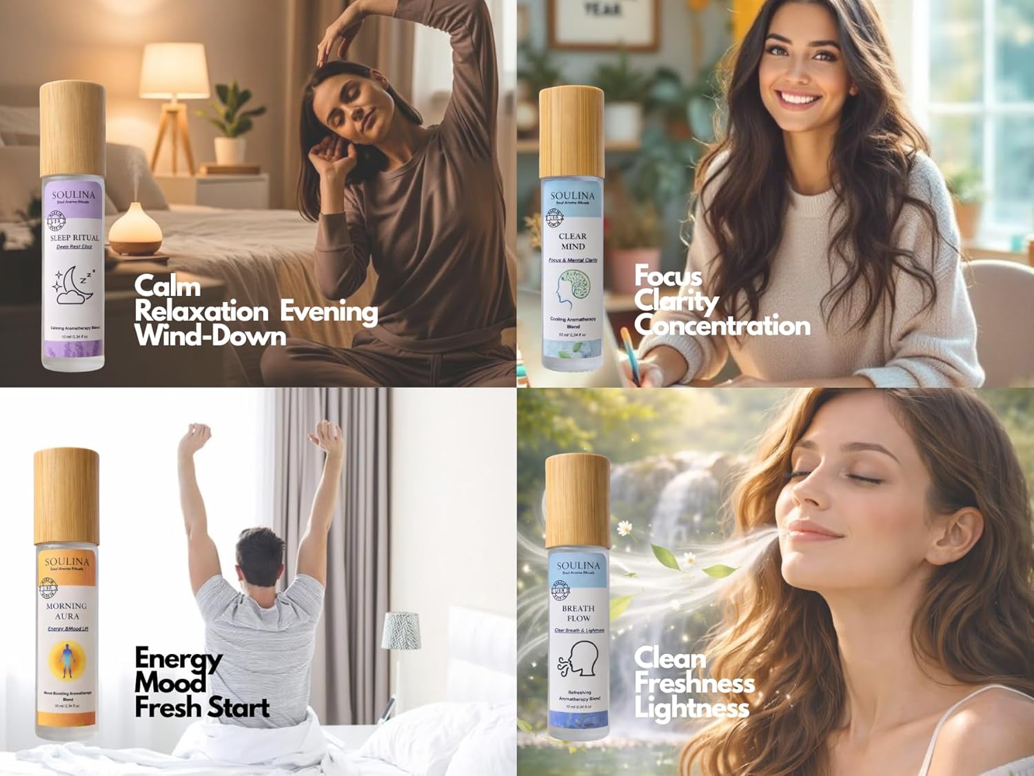 Soulina Set of 4 Essential Oil Roller – Sleep, Energy, Breath & Focus Aromatherapy Roll-On Kit, Natural Blends with MCT Oil, Handmade in USA, 4 x 10 ml - Image 2