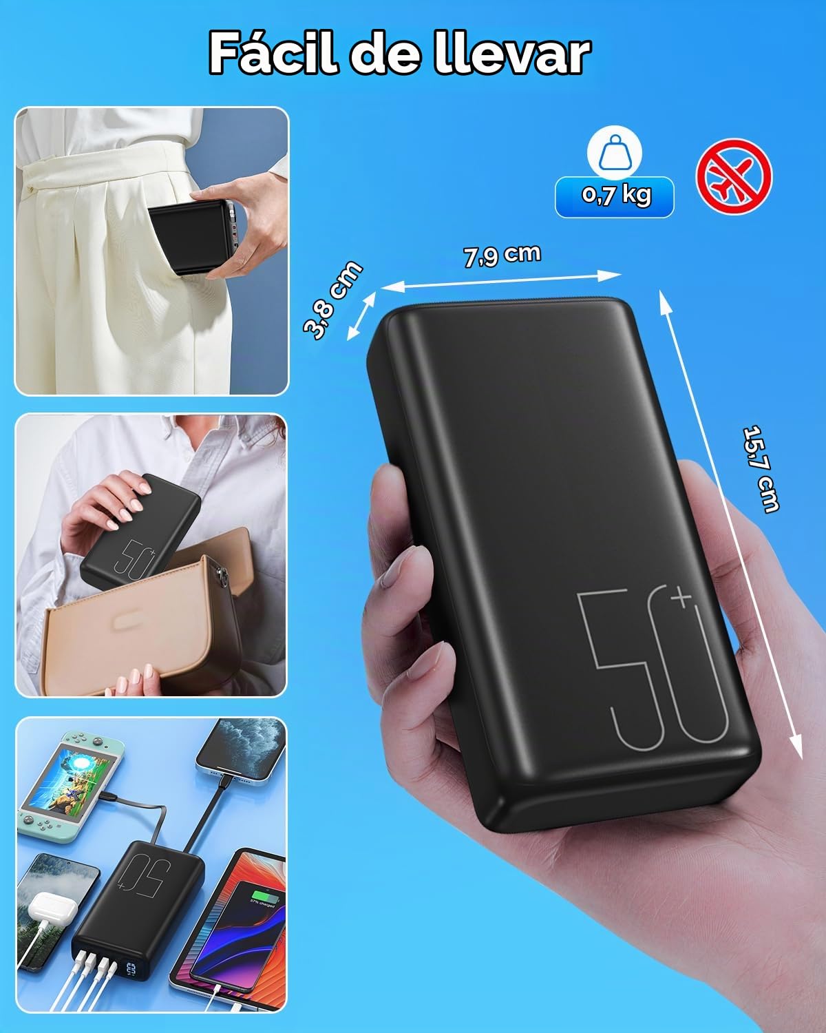 Power Bank Cargador portátil 51000mAh, Carga rápida 22,5W con Cables | USB C y Lightning incorporados, Pantalla LED, 6 Salidas para iPhone 16 15 14, iPad, Camping de Emergencia