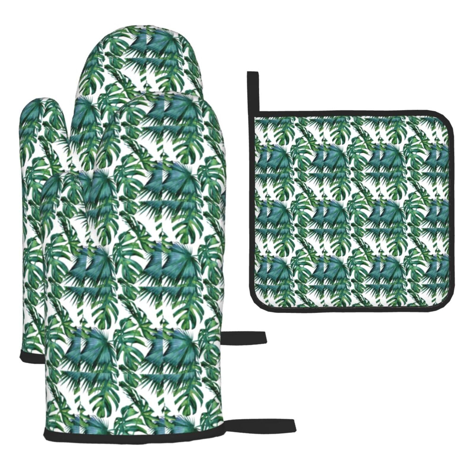 Green Banana Leaves Print Oven Kitchen Gloves For Baking Outdoor Grilling Home Use Mitts Microwaving Bbq
