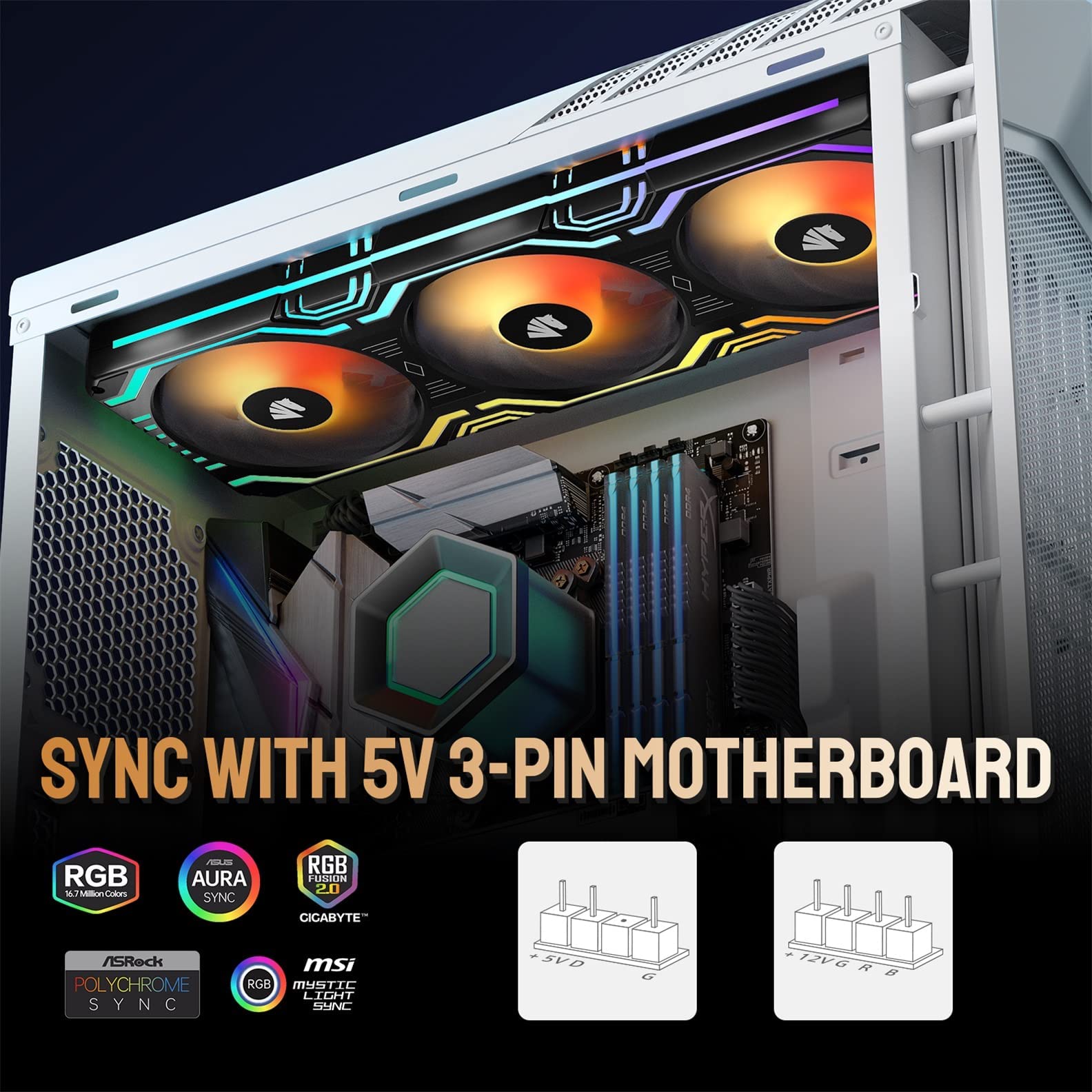 Kit De 5 Ventilateurs PC 120 Mm RGB Double Anneau - Avec Hub Contrôle 10 Ports Et Télécommande IR - Pour Boîtier Gaming, Refroidissement Silencieux