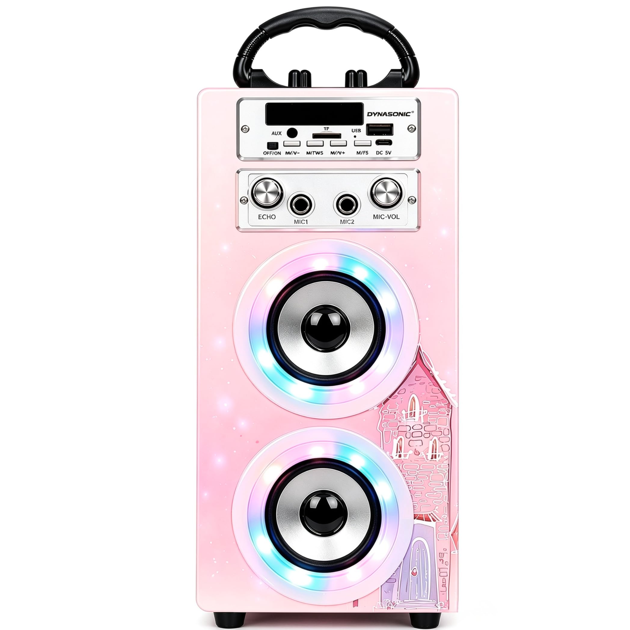 DYNASONIC Karaoke mit 2 Mikrofonen, tragbarer Karaoke-Maschine, Bluetooth-Lautsprecher, USB- und SD-Kartenleser, Lichter, Geschenk für Kinder von 5 bis 13 Jahren (Model 19)