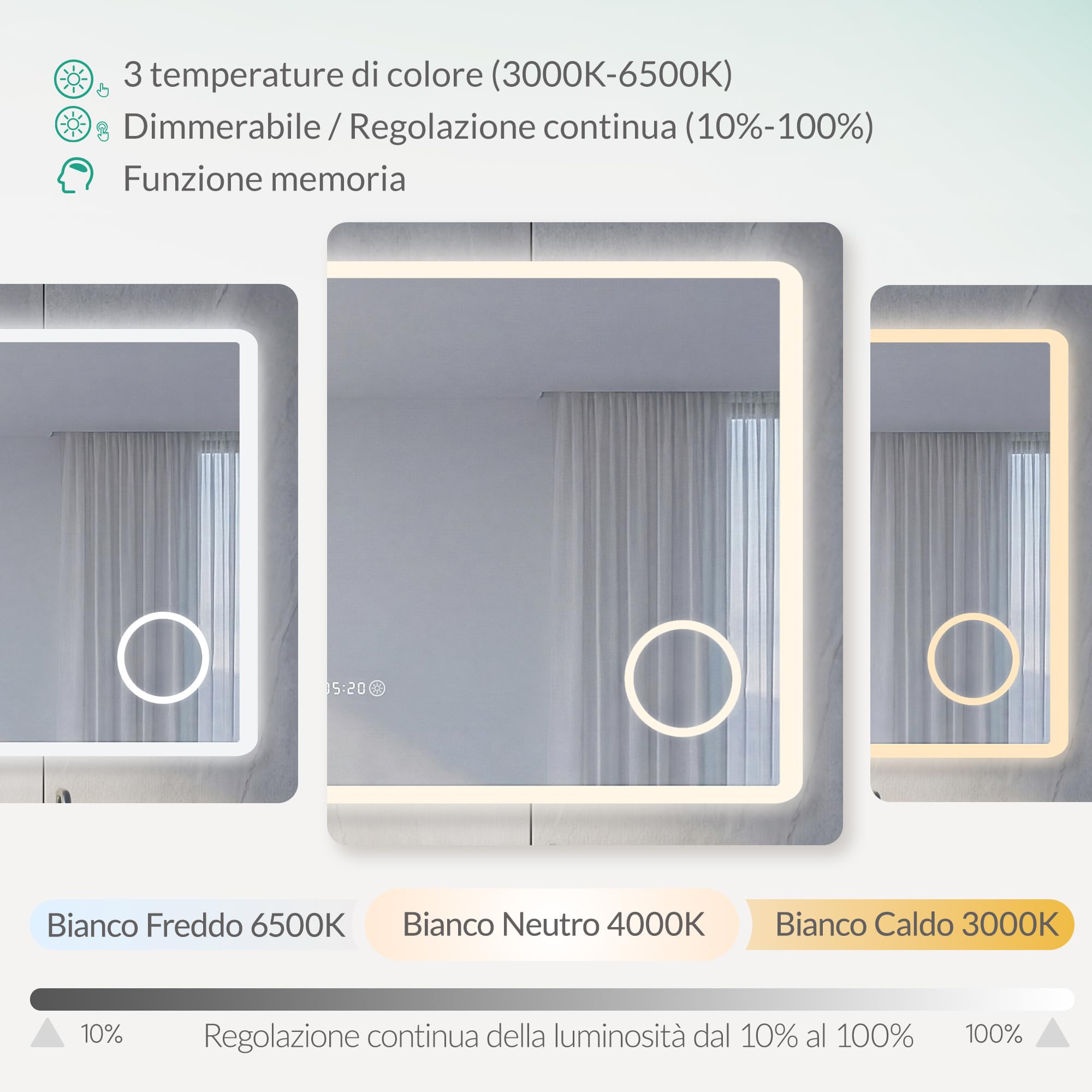 Specchio Bagno con Luce LED Antiappannamento 3 Temperature Colore 3000K-6500K Dimmerabile 10%-100% Lente Touch con Memoria HD Specchio bagno LED IP44 IP65 Impermeabile 80x60cm