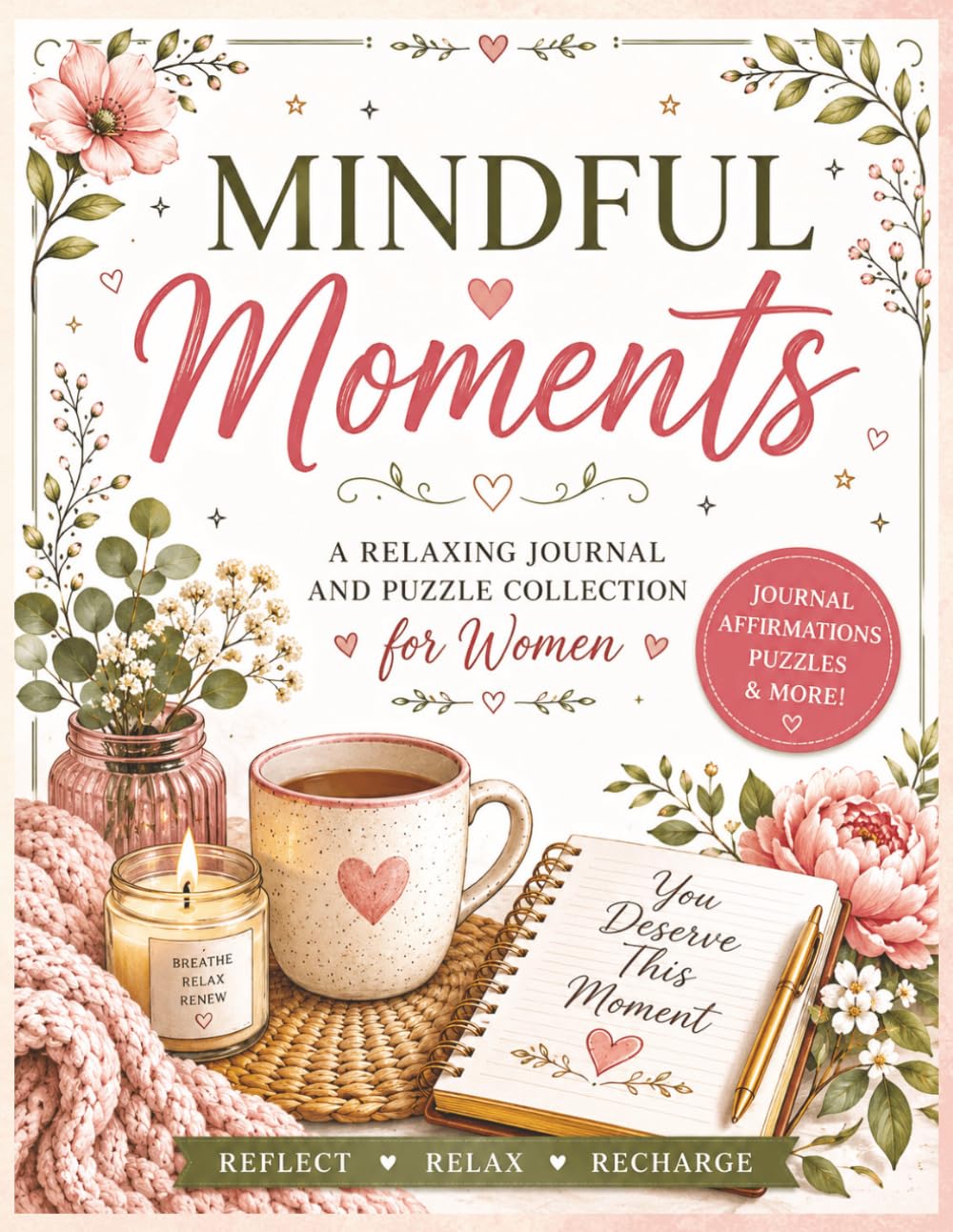 Mindful Moments : A Relaxing Journal and Puzzle Collection For Women: Relax with Word Searches, Crosswords, Coloring Pages, Positive Affirmations, and ... Reflections for Stress Relief and Calm