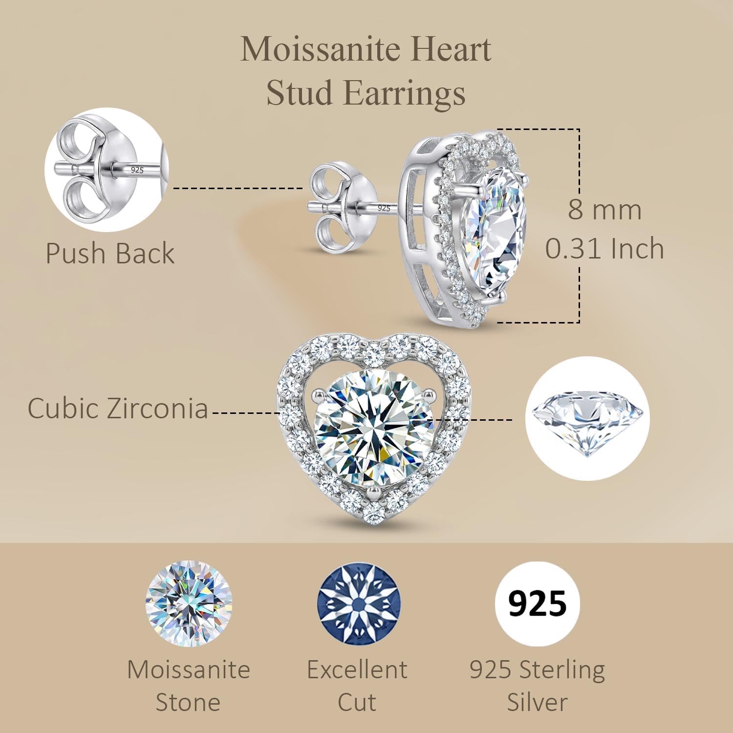 LeCalla 925 Sterling Silver Moissanite Stud Earrings for Men Women | Hypoallergenic Unisex Moissanite Halo Stud Earrings | Classic Round, Heart & Square Shape Silver Earrings Jewelry Gift for Birthday Anniversary