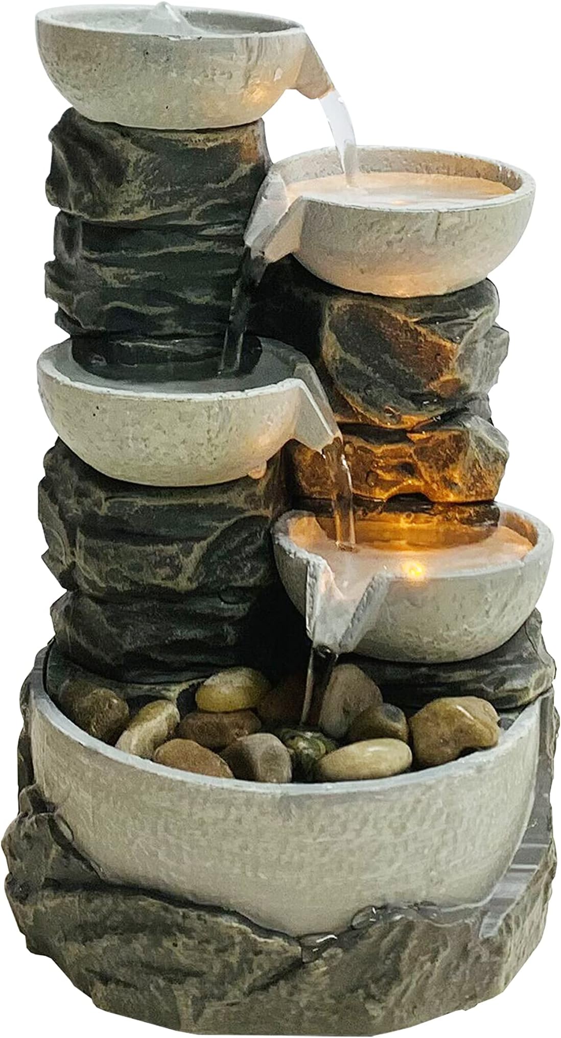 9" H 5-Tiered Cascading Rock Bowl Tabletop Water Fountain with Natural River Rocks and LED Lights (Power Cord Attached)