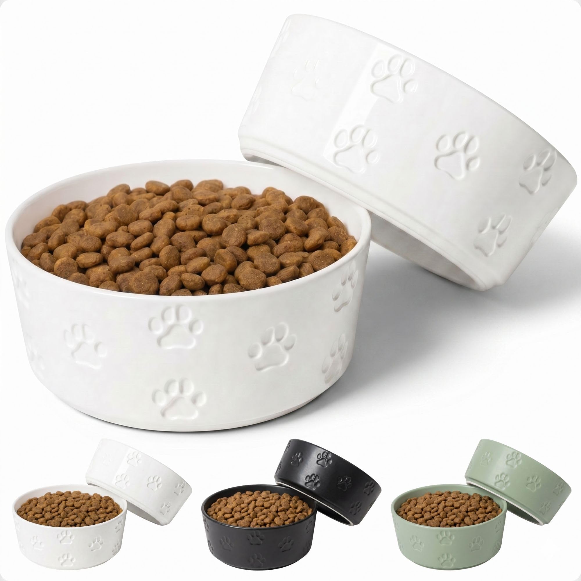 Ceramic Dog Bowl Set with Anti-Slip Rings - 7.5" Round x 3" Tall Set of 2 Ceramic Dog Bowls for Large Dogs - Dog Food and Water Bowl - White Dog Food Bowls - Dog Bowls for Medium Dogs - Cute Dog Bowls