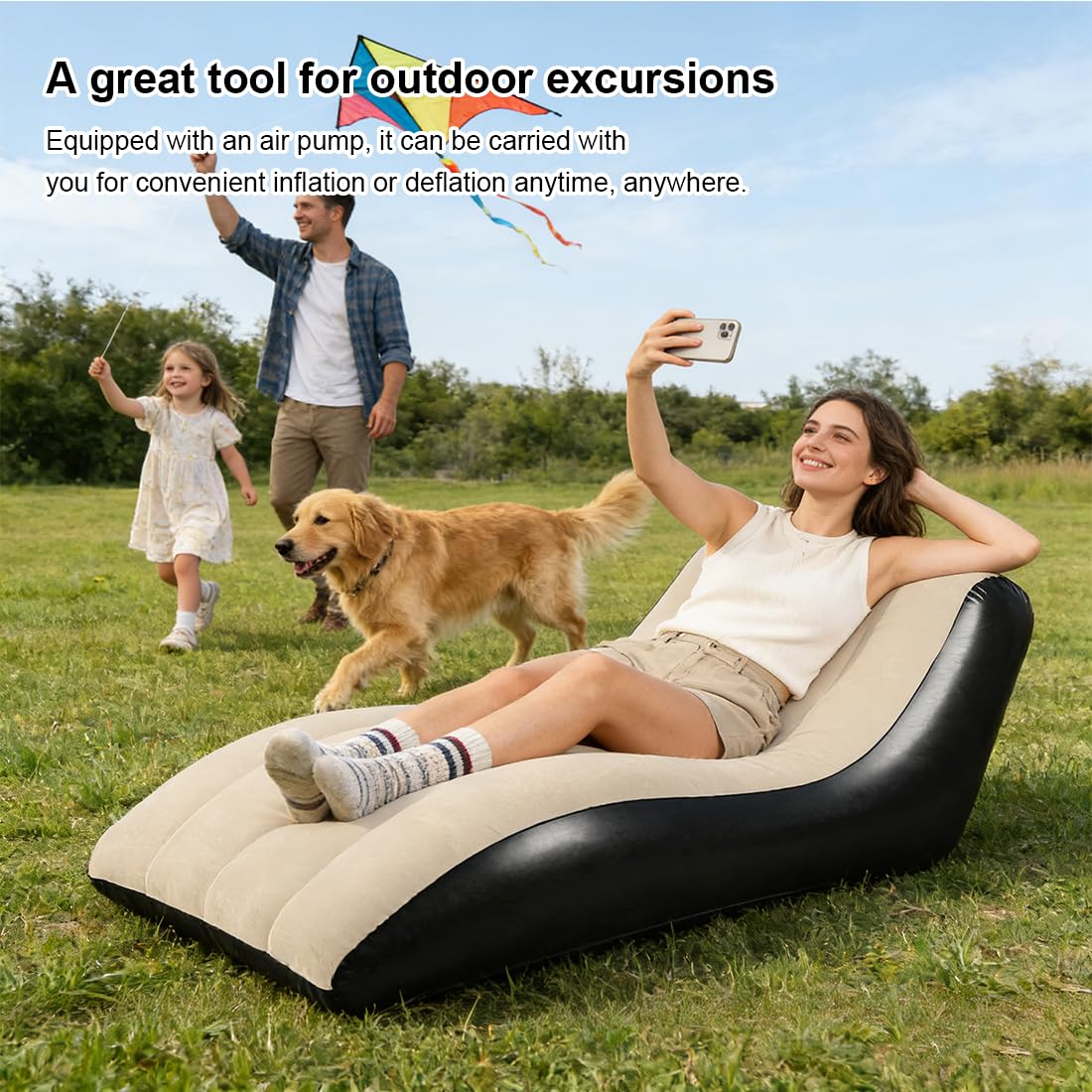Aufblasbares Sofa, Aufblasbarer Sessel, Luftsofa, Campingsofa, Tragbare Flocking Aufblasbare Couch mit Beflockter Oberfläche für Outdoor Camping Strand Wohnzimmer (Khaki-A)
