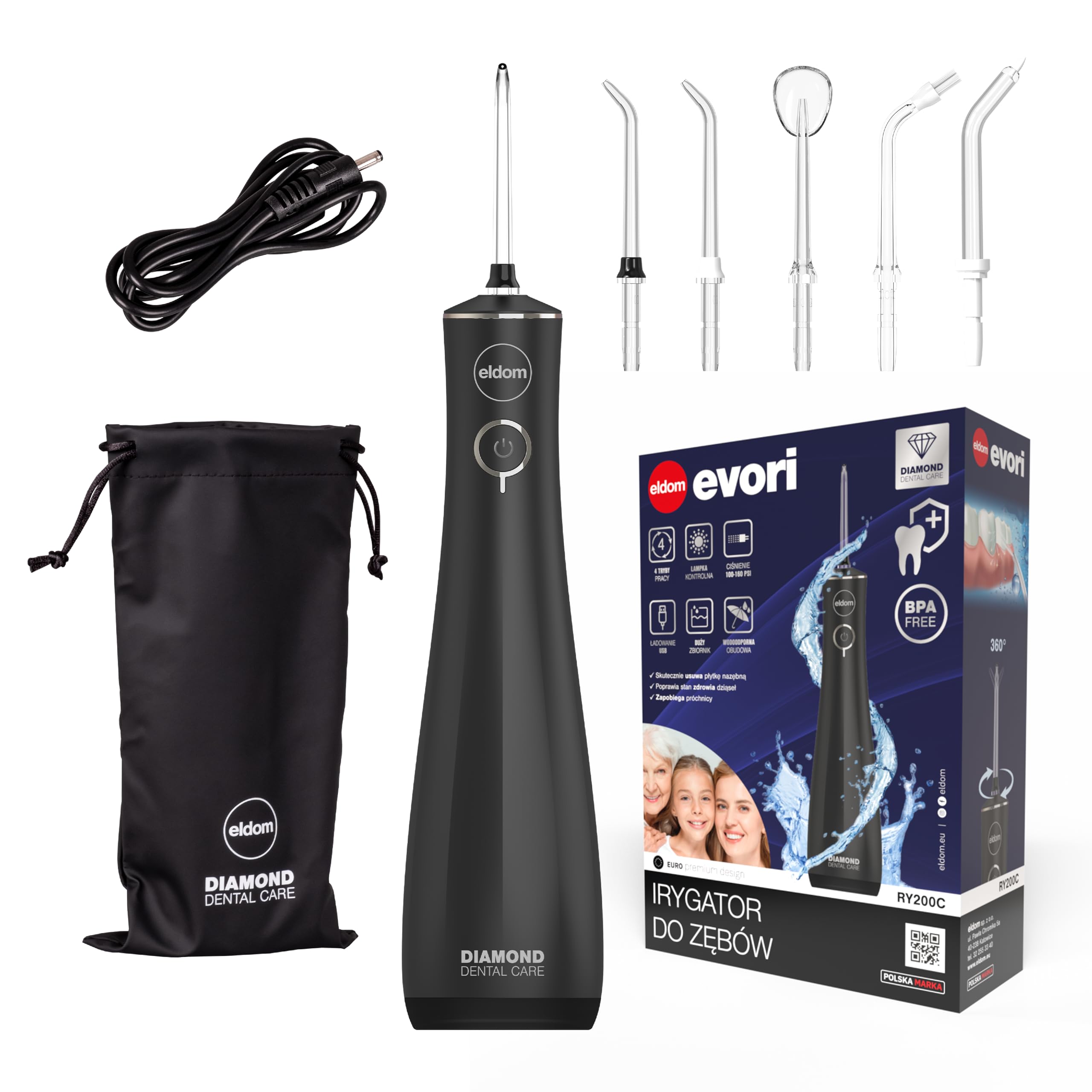 Idropulsore dentale da 230 ml, nero, 4 modalità di pulizia, 5 punte, wireless, IPX7, custodia da viaggio, irrigatore orale, alimentato tramite USB