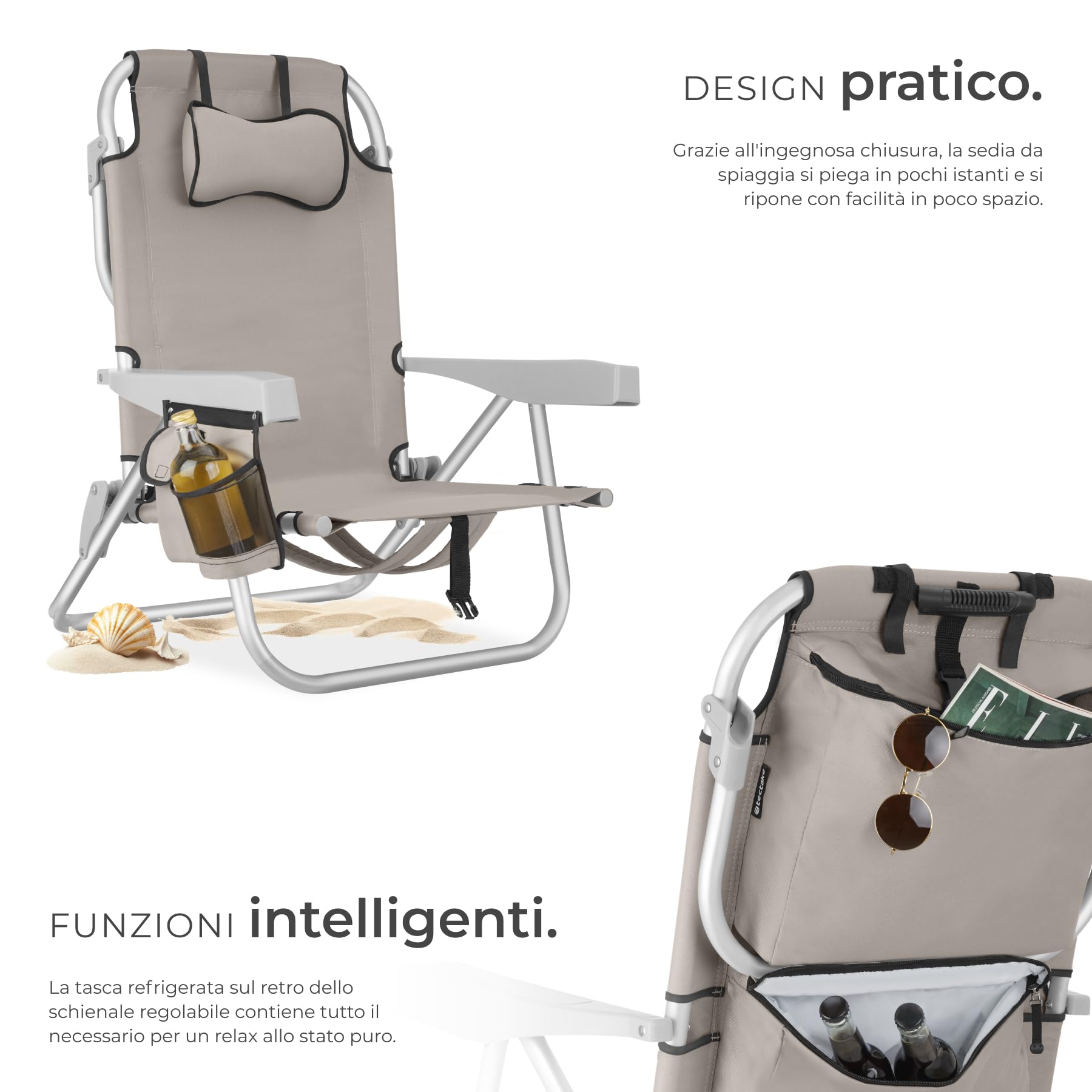 tectake® 2 Sedia da Spiaggia, Spiaggina Pieghevole Funzione Zaino, Sedie da Giardino, Telaio Alluminio, Sdraio Da Spiaggia, Schienale Regolabile, Sdraio pieghevole, Borsa Termica, Sedia Mare - Beige