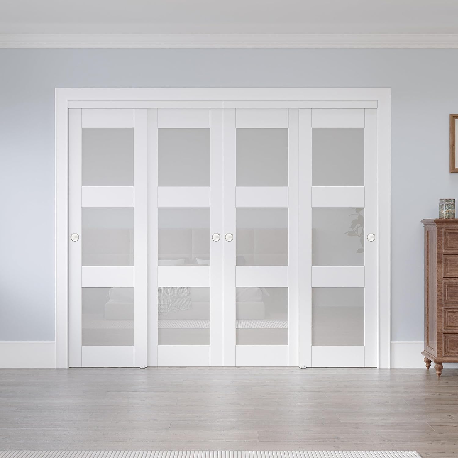 Sliding Closet Door 96"x80", 3-Lite Frosted Tempered Glass Solid Core Bypass Door with Hardware Kit & Floor Guide & Handles, Paintable Pre-Drilled MDF Doors Slab for Bedroom, Need to Assemble, Primed