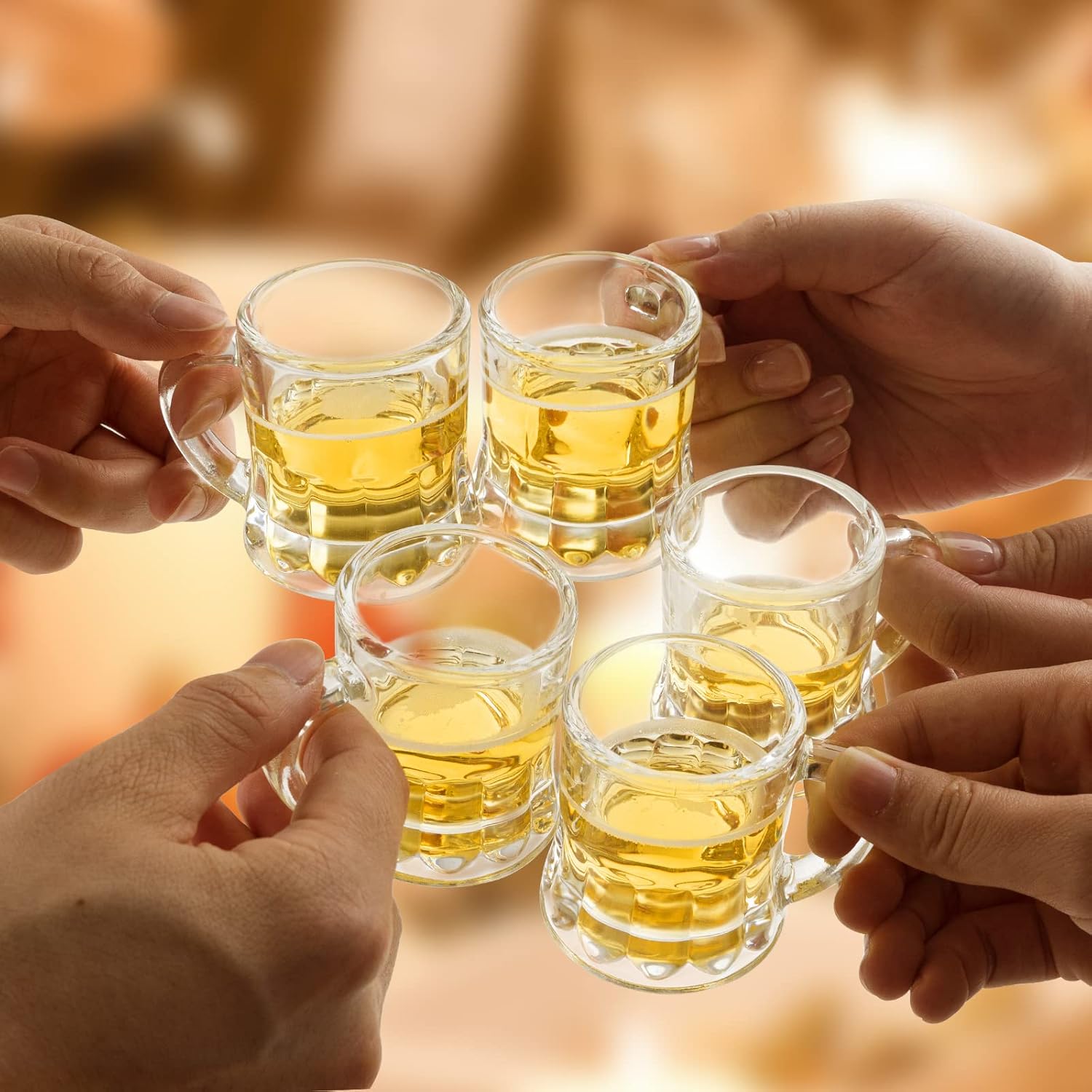 Mini Beer Mugs, Set of 24, 2 Oz with Handles, Glass Mugs for Beer, Whiskey, Tequila, Vodka