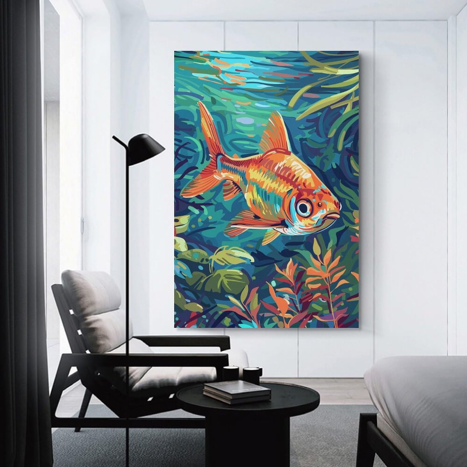 Junmoney Canvas Art Print Goldfish in Aquatic Plants, 16x24inch(40x60cm), for Office, Study Or Home Workspace, Home Office Artwork with Decorative Appeal