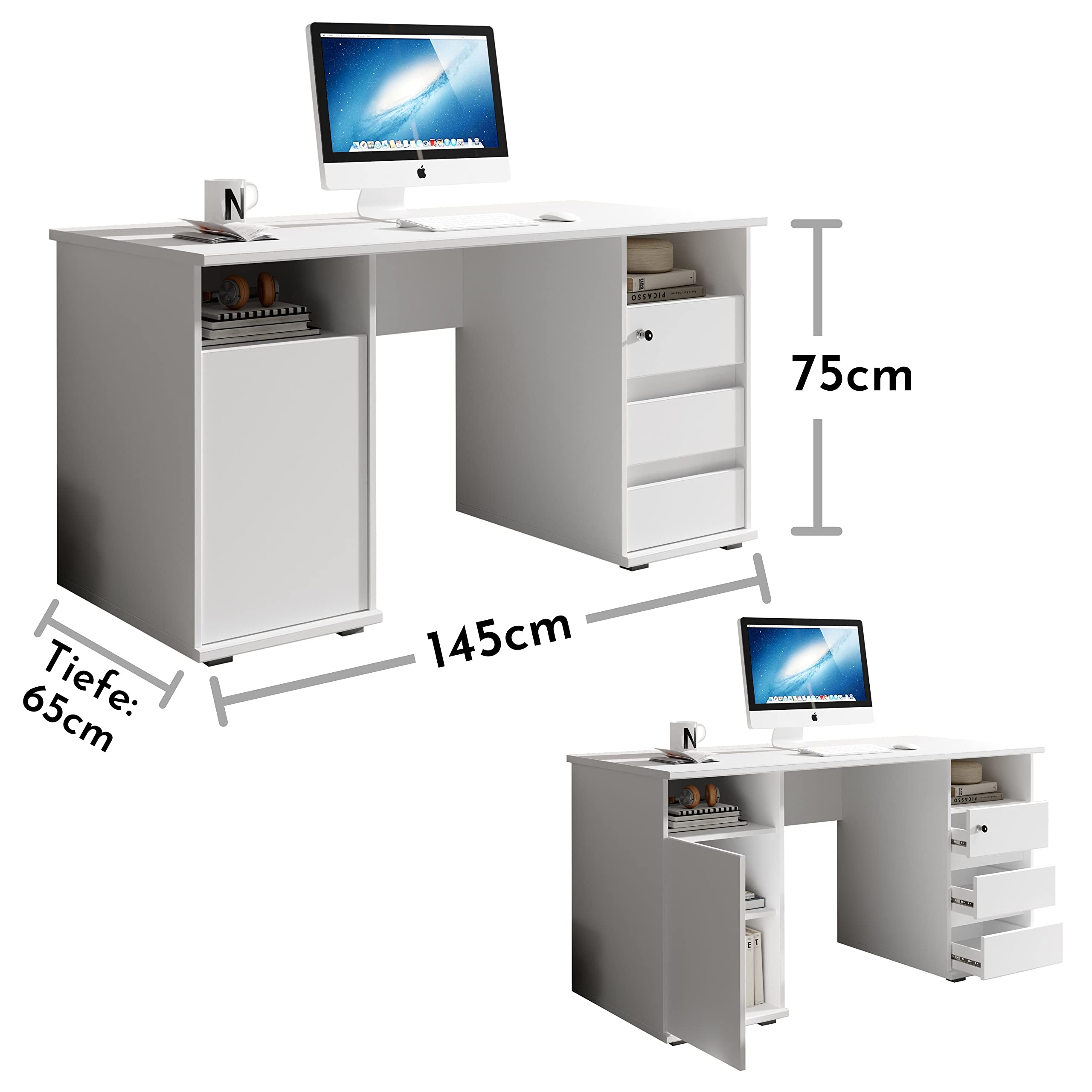 Stella Trading PRIMUS 2 Schreibtisch mit Schubladen, Weiß - Bürotisch Computertisch fürs Homeoffice mit Stauraum und offenen Ablagefächern - 145 x 74 x 65 cm (B/H/T) | Bürotisch Computertisch fürs Homeoffice, 3 Schubladen, eine abschließbar, Fach mit Tür,