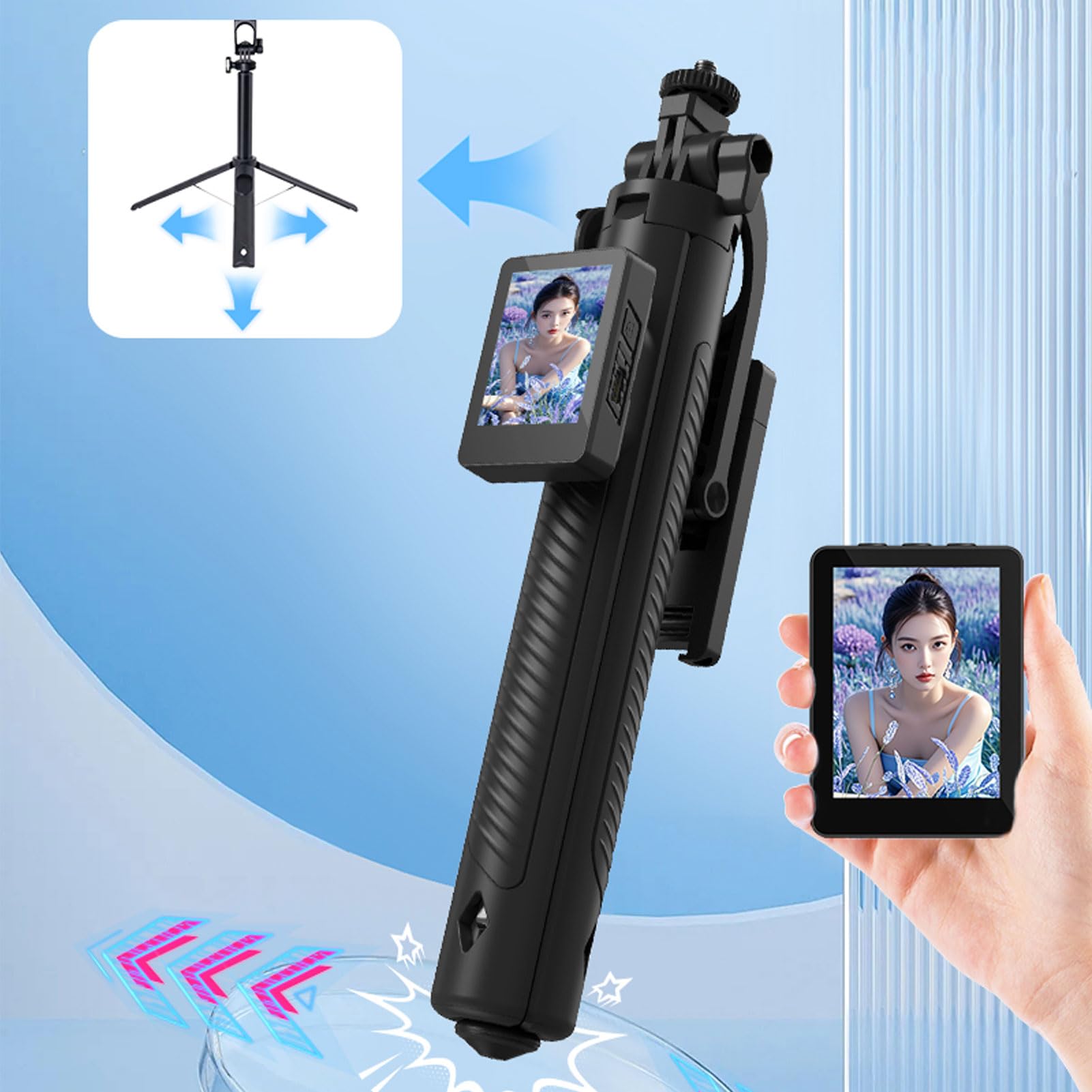 Jectse Trípode Automático, Trípode Extensible para Teléfono con Apertura Automática y Pantalla para Selfies WiFi de 2 Pulgadas, Giratorio Vertical y Horizontal de 360° para
