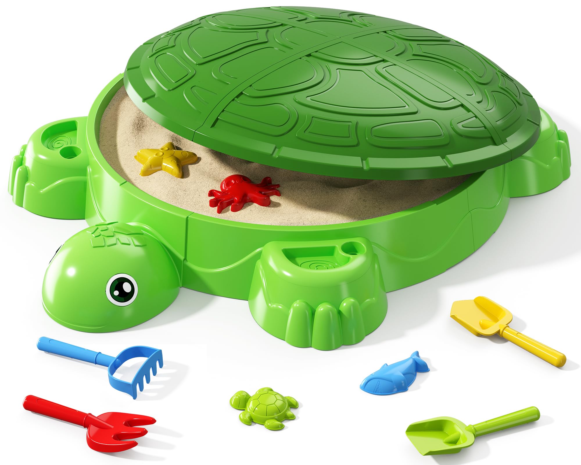 Wee Wonders Turtle Sandbox with Lid, Sand Box with Cover incl 8 Sand Toys, Sensory Playsand Activity for Backyard, Summer Beach Indoor Outdoor Toys Gifts for Toddler 3-5