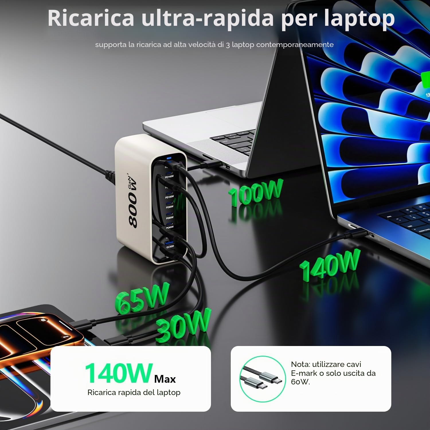 Caricatore USB C da 800 W, GaN a 10 porte caricatore rapido caricatore PD compatibile con MacBook Pro/Air/Dell/iPhone/Galaxy/Laptop/Tablet/Mobile