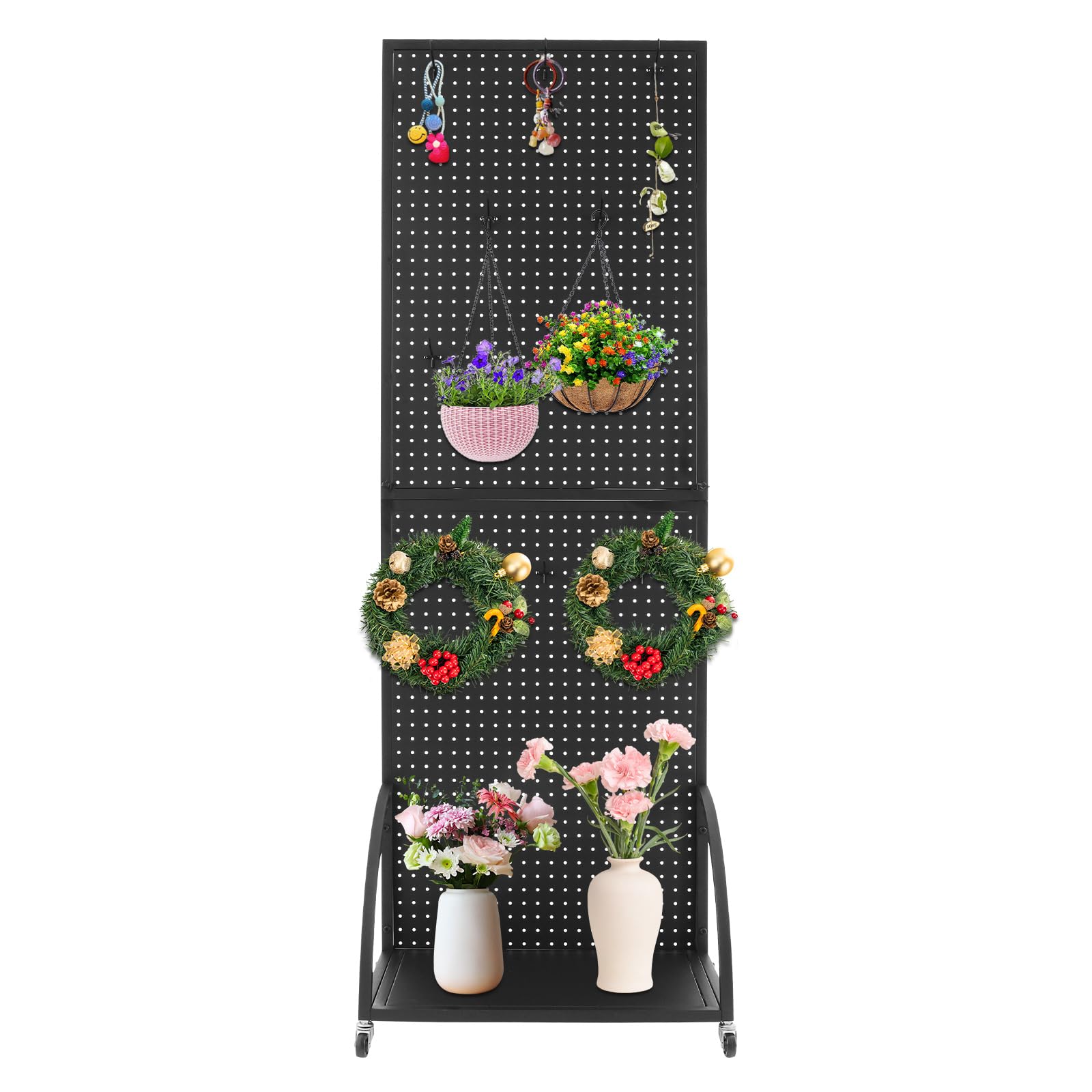 SanBouSi 2 x 5.5 Feet Metal Pegboard with Base Plate, Pegboard Display with Wheels, Standing Peg Board Panels Merchandise Display Rack, 10Pcs Hooks, Black