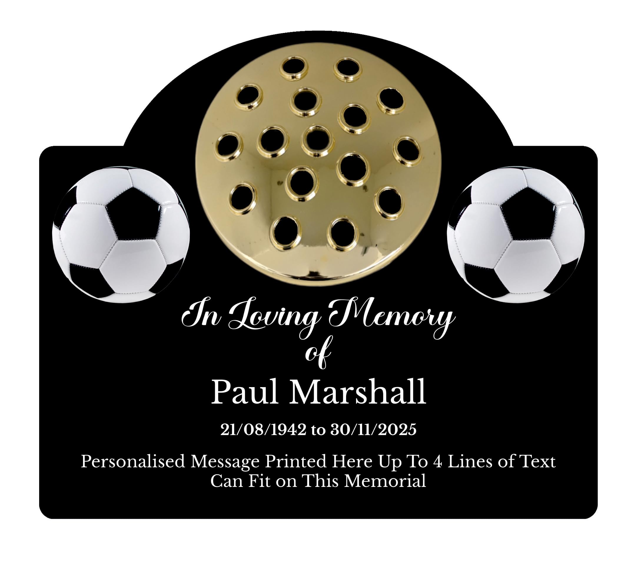 1stclassgifts Personalised Football Design Metal Grave Stone Marker Headstone Memorial Plaque In Memory Sign Remembrance Flower Pot Vase (UV PRINTED) (Black, Gold Lid)
