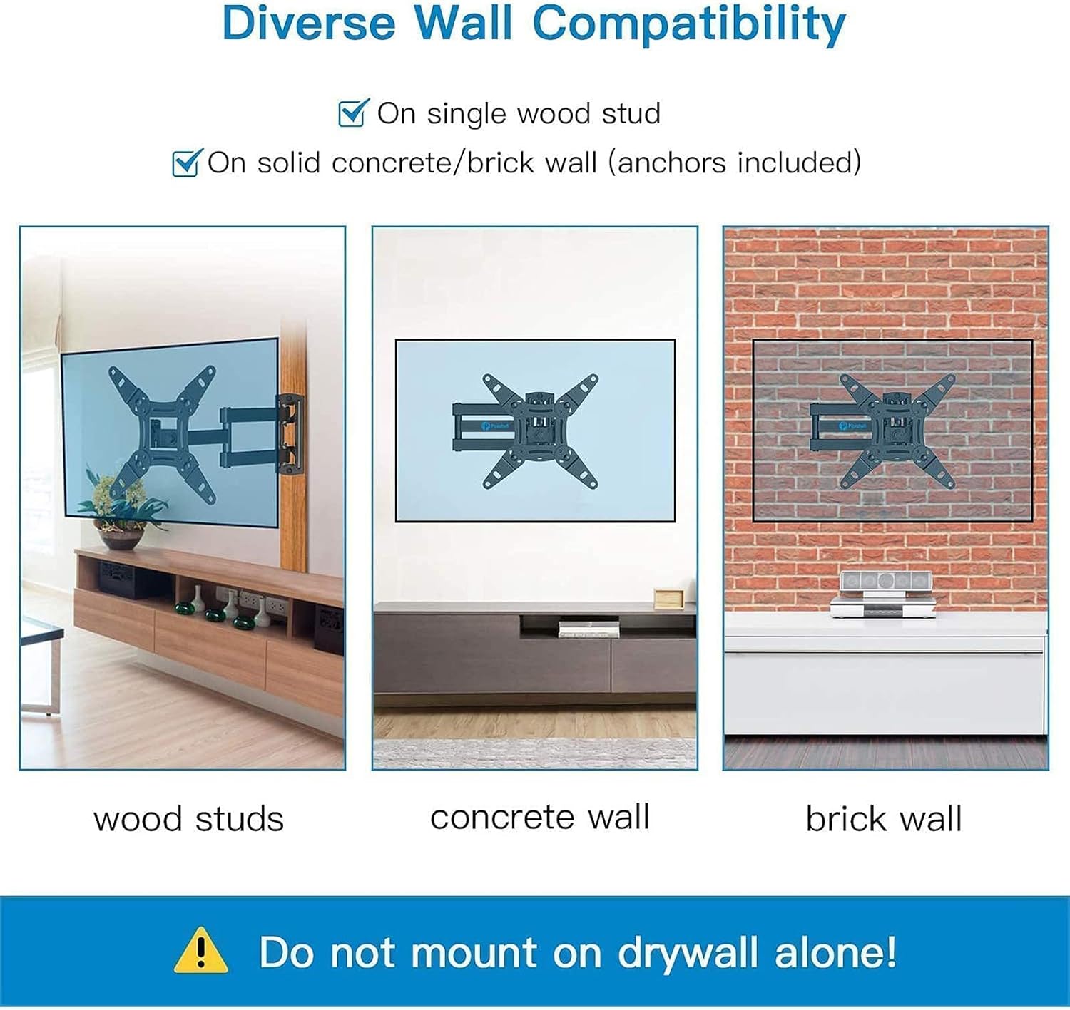 Three images showing the PISF1 mount installed on a wood stud wall, a concrete wall, and a brick wall.