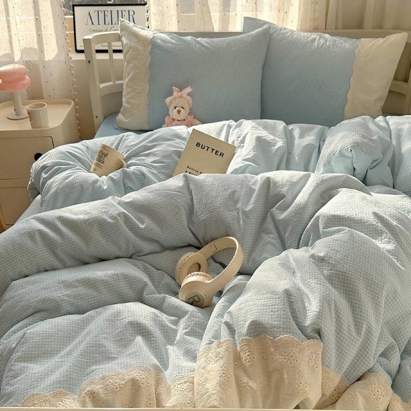 LifeTB Blue Gingham Comforter Set Full Size Romantic Lace Style Checkered Plaid Comforter Set 3 Pieces Blue Grid Bed Comforter with 2 Pillowcases Soft Fluffy Farmhouse Plaid Gingham Bedding Set — image 1
