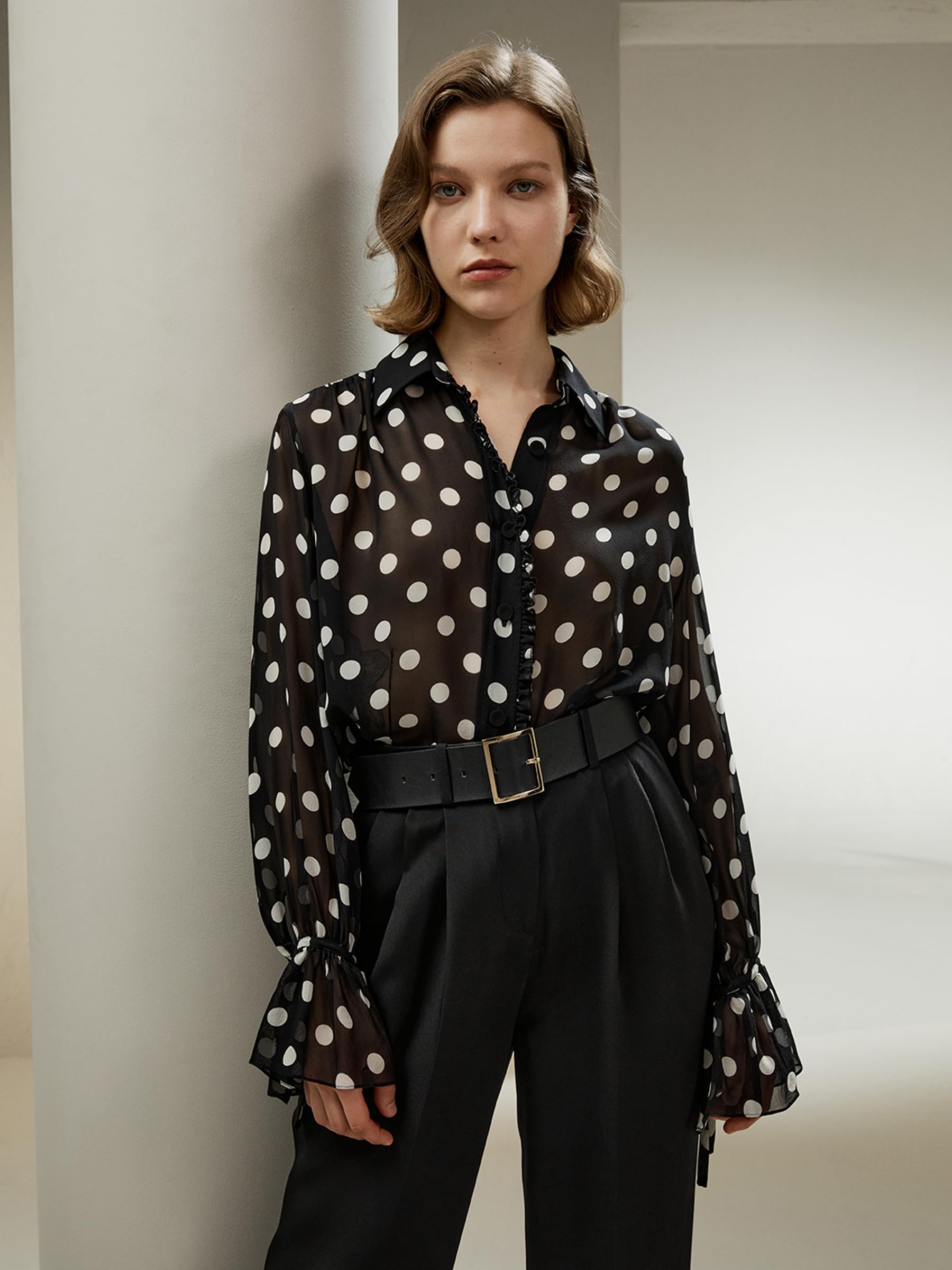 LilySilk Damen Seidenhemd Frauen weiße Dot Print Bluse mit Schleifen Ärmeln und Rüschen Knopfleiste am Knopfverschluss leicht und glatt