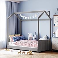 Vista 10 de Cama de terciopelo tamaño matrimonial para niños y niñas, diseño de casa de juegos, plataforma tapizada, base de cama con cabecera de tiras, soporte