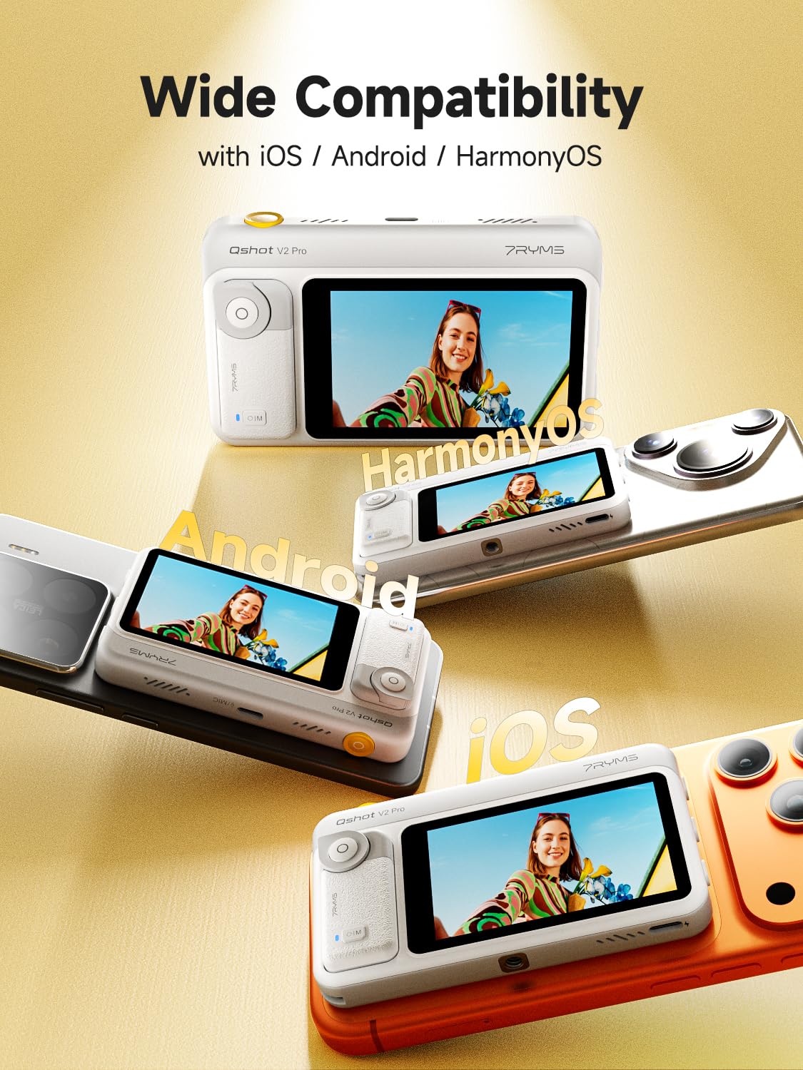 7RYMS Qshot V2 Pro Écran Selfie pour iPhone et Android, Moniteur Caméra Arrière 4K 30fps sans Fil / 4K 60fps Filaire, Télécommande sans Fil, pour Vlog, Live Streaming, TikTok, Youtube (Blanc)