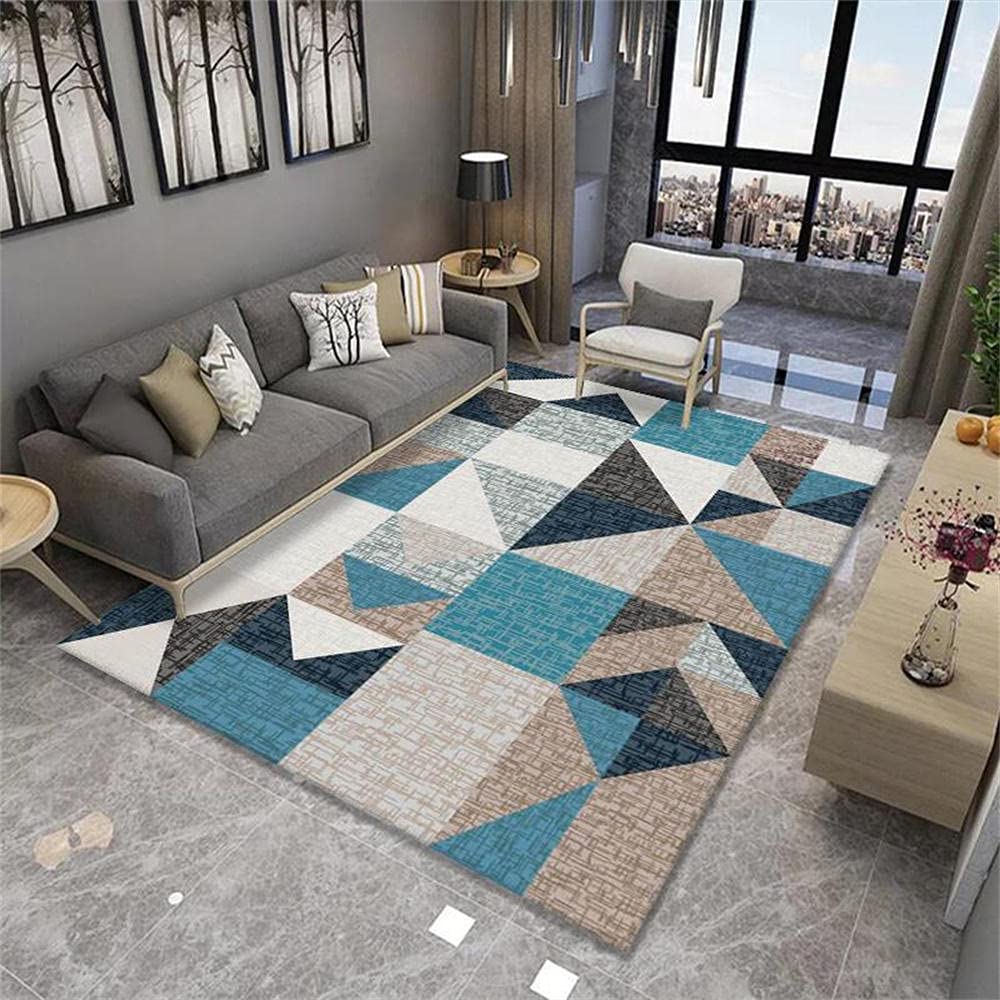 Tapis de couloir long bleu et marron géométrique moderne 120x140