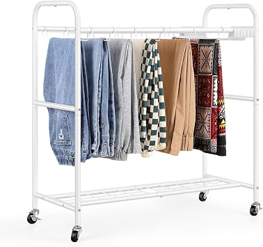OYEAL Rolling Pants Trolley Trouser Hangers with 30 Pant Racks 2 Tier Pants Hangers with Storage Shelf and Wheels Pant Storage Organizer for Clothes Towels Jeans Scarves, White