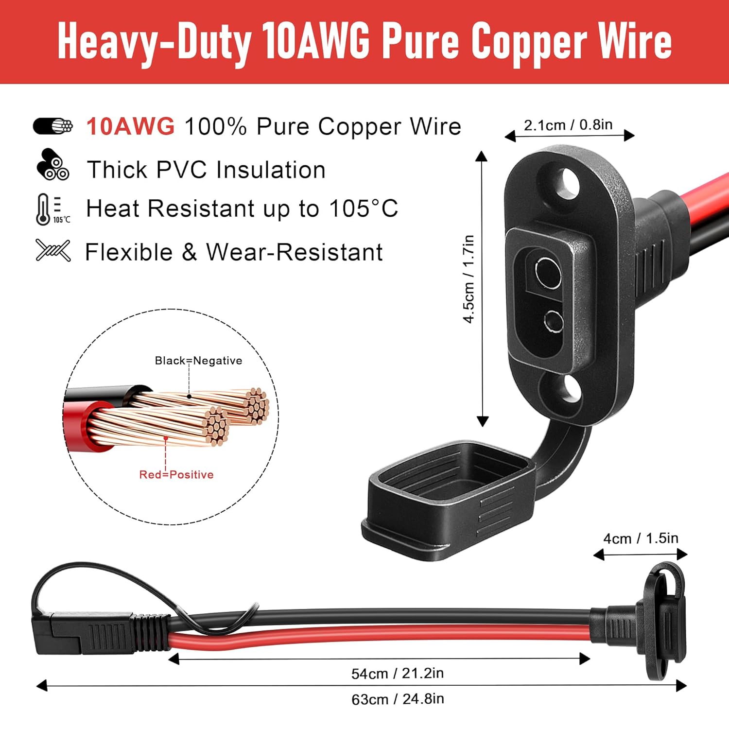 SAE Connector 2FT 10AWG, SAE Battery Quick Connect Plug Waterproof Extension Cable for Solar Panel, Street Glide, Road Glide, Motorcycle Charging Port Upgrade, RV, Solar Generator Battery Charger