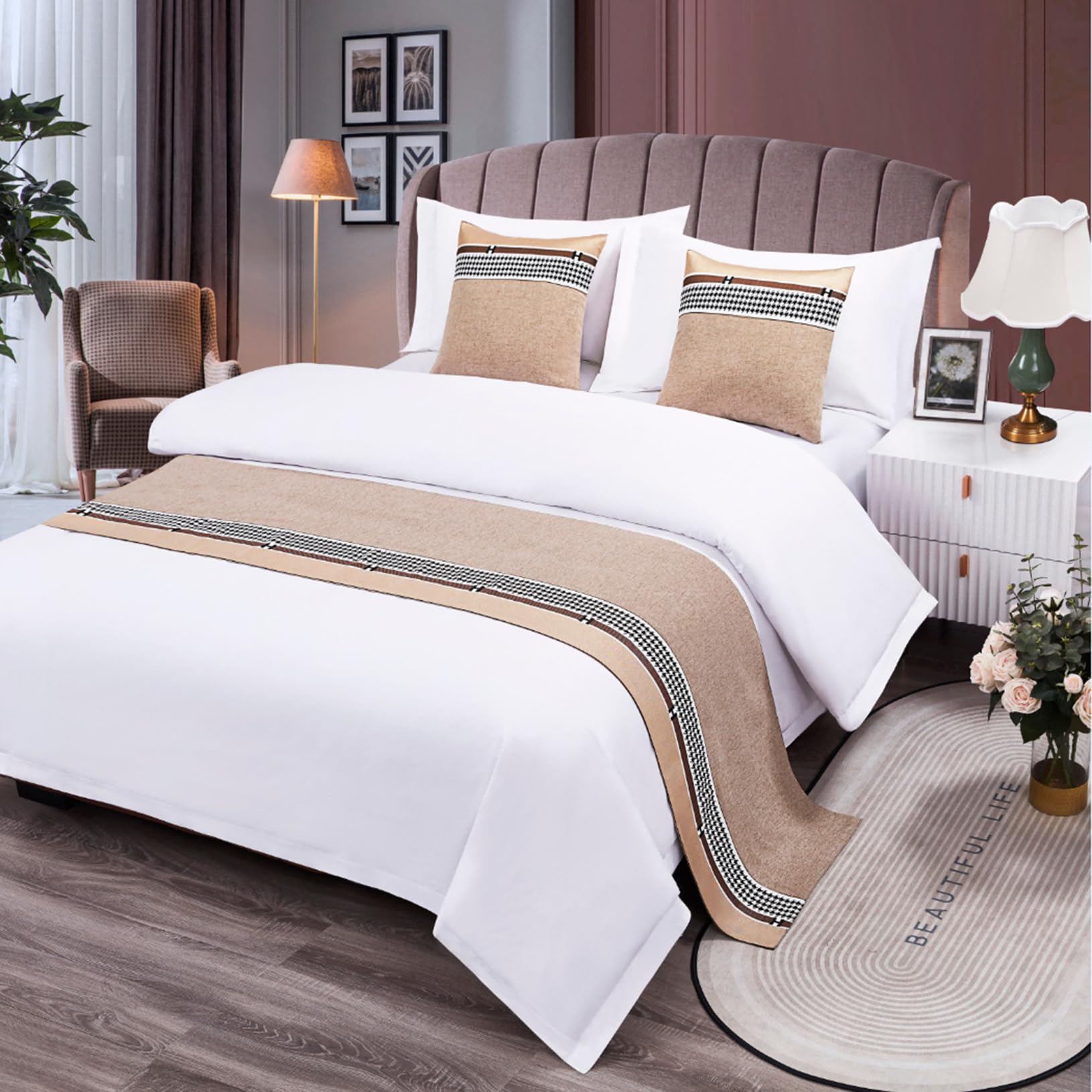 TTiiLoe Hotel Bed Runner Double-sided Bed Cover, Cotton Linen Bed Scarves Bedspreads Throw Decor Protection, Khaki, 50 * 260cm for 2m Bed