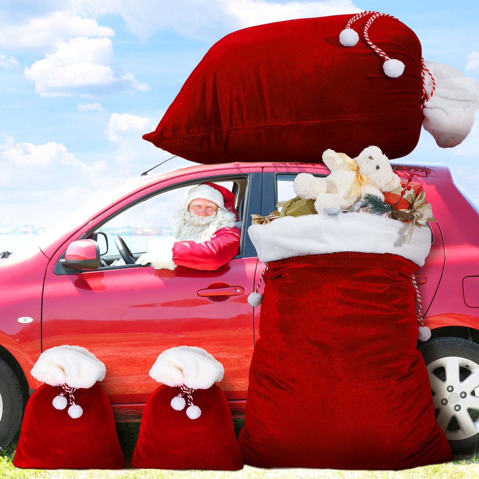 Shappy Lot de 4 sacs cadeaux géants en velours avec cordon de serrage pour jouets de Noël, costume de Père Noël (rouge) 89 x 71 cm, 71 x 50 cm