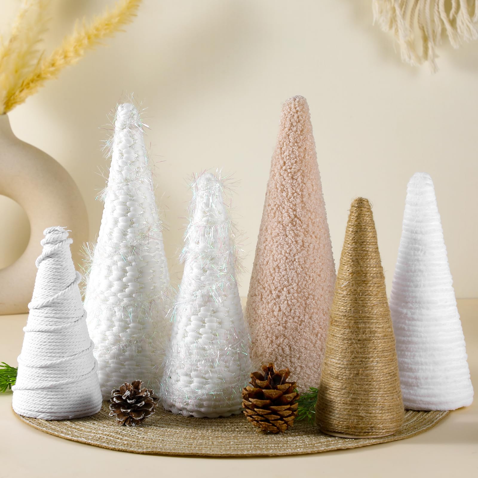 6 árboles de hilo de Navidad de 8 pulgadas, 7 pulgadas, 5 pulgadas, decoración de mesa de Navidad, árbol decorativo de Navidad bohemio para centro de mesa o decoración de repisa