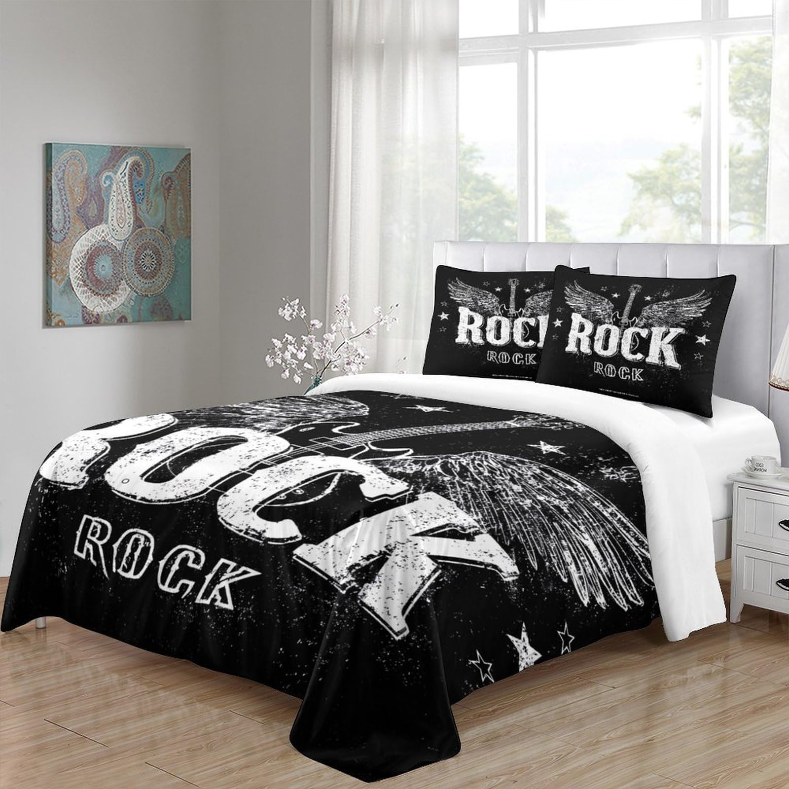 Rock guitar wingsSet Di Copripiumino morbida 3 Pezzi stampa di 3D con cerniera Vintage rock poster copripiumino con federa traspirante for bambini adulti ragazzi Super king（260x220cm）