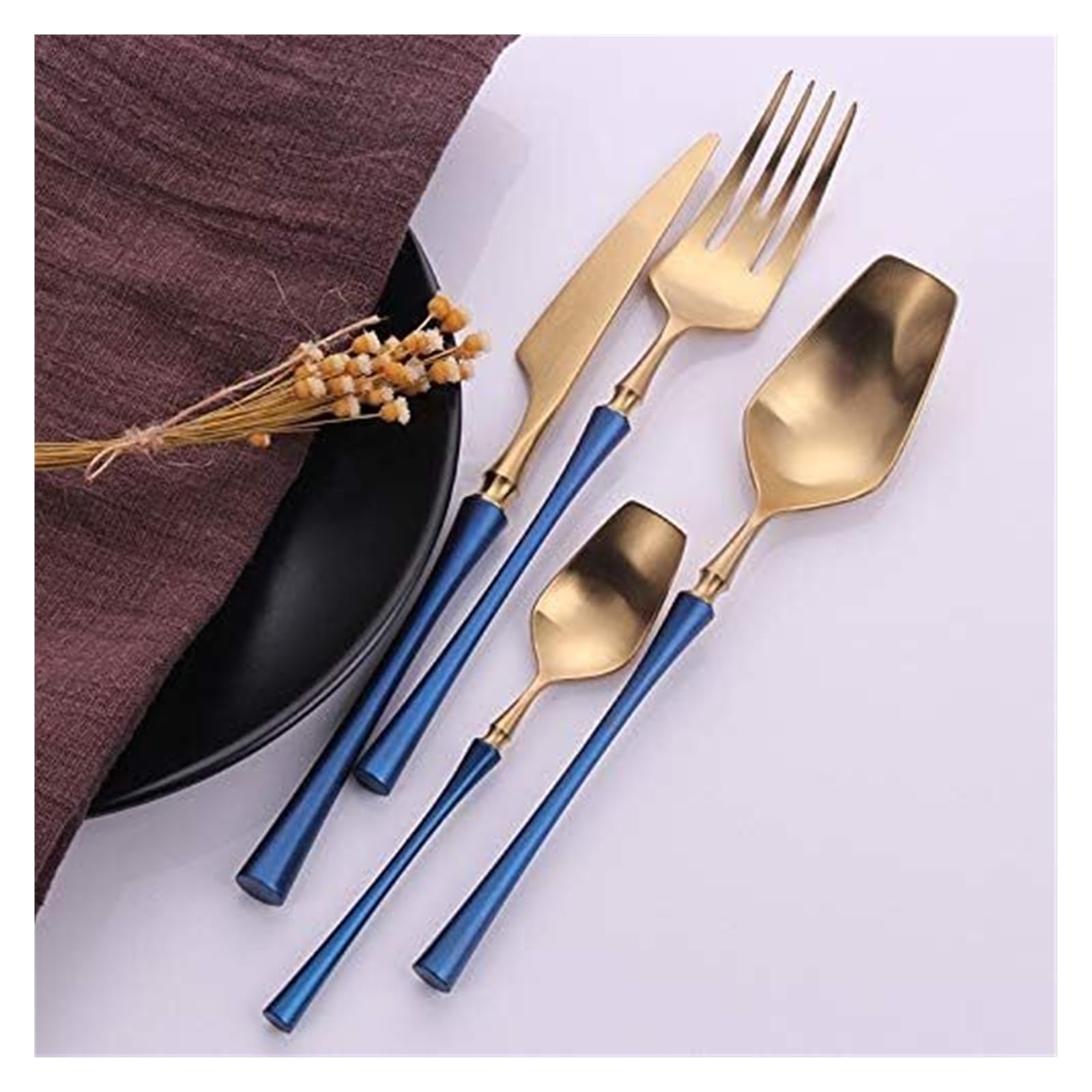 Cucharas-tenedor de acero inoxidable, juego de platos, cubiertos, juego de 4 piezas de acero inoxidable 304 con diseño creativo (cuchillo, tenedor y cuchara), vajilla estilo occidental, azul y dorado.