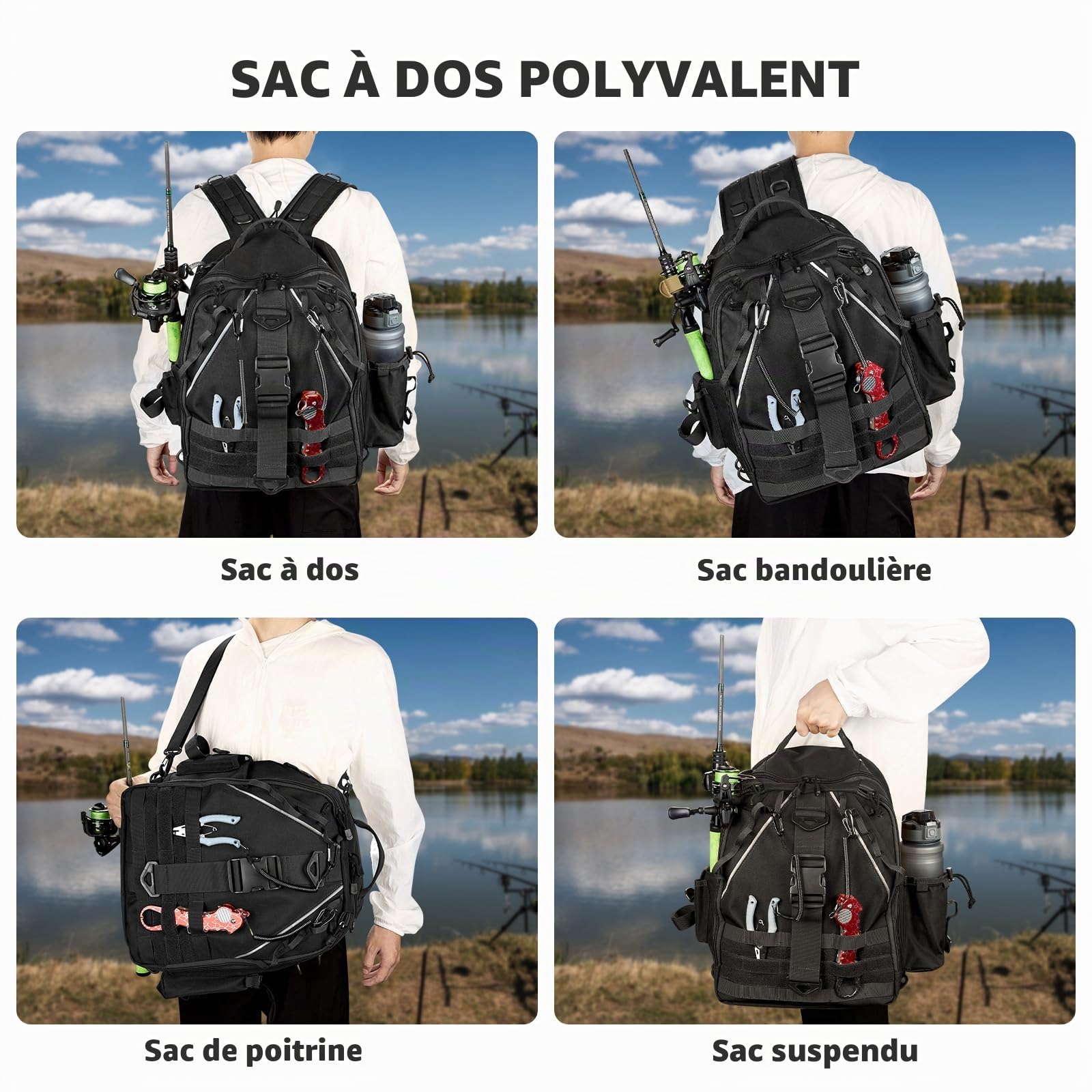 Jueachy Sac de Pêche, Sac à Dos avec Porte-cannes, Etui de Rangement de Stockage de Matériel de Pêche de Pince Leurre Tactique Grande Capacité Pochette Peche pour Randonnée Voyage Chasse Peche