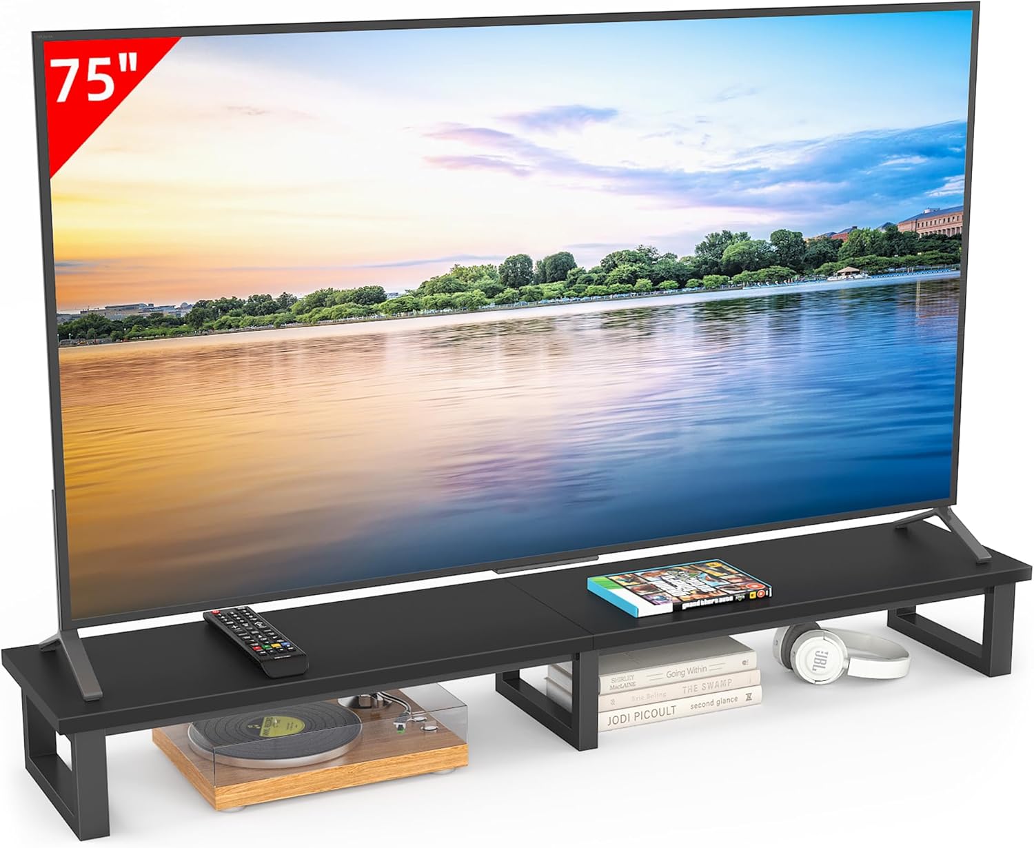 YAOHUOO 59" Large TV Riser for 32-75 inch TV, TV Riser Stand Shelf with Steel Legs, Tabletop TV Stand Riser for Home Office,Black 59"W×15"D×6.5"H Black