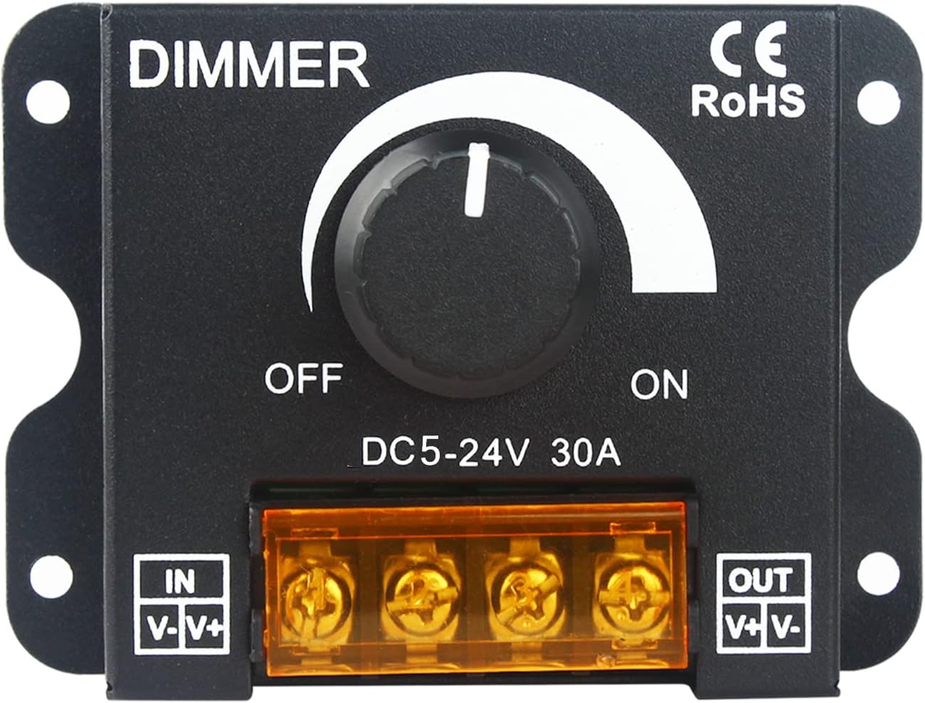 Single Color LED Light Strip Dimmer, DC 5V/12V/24V 30A PWM LED Dimming Controller, Knob Adjust Brightness ON/Off Switch for Single Channel Light Strips