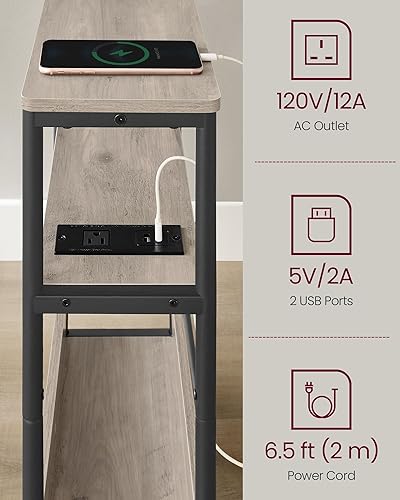 Miniatura 6 de VASAGLE Mesa auxiliar con estación de carga, mesa auxiliar estrecha, mesita de noche de 3 niveles, mesa de sofá para espacios pequeños, revistero,