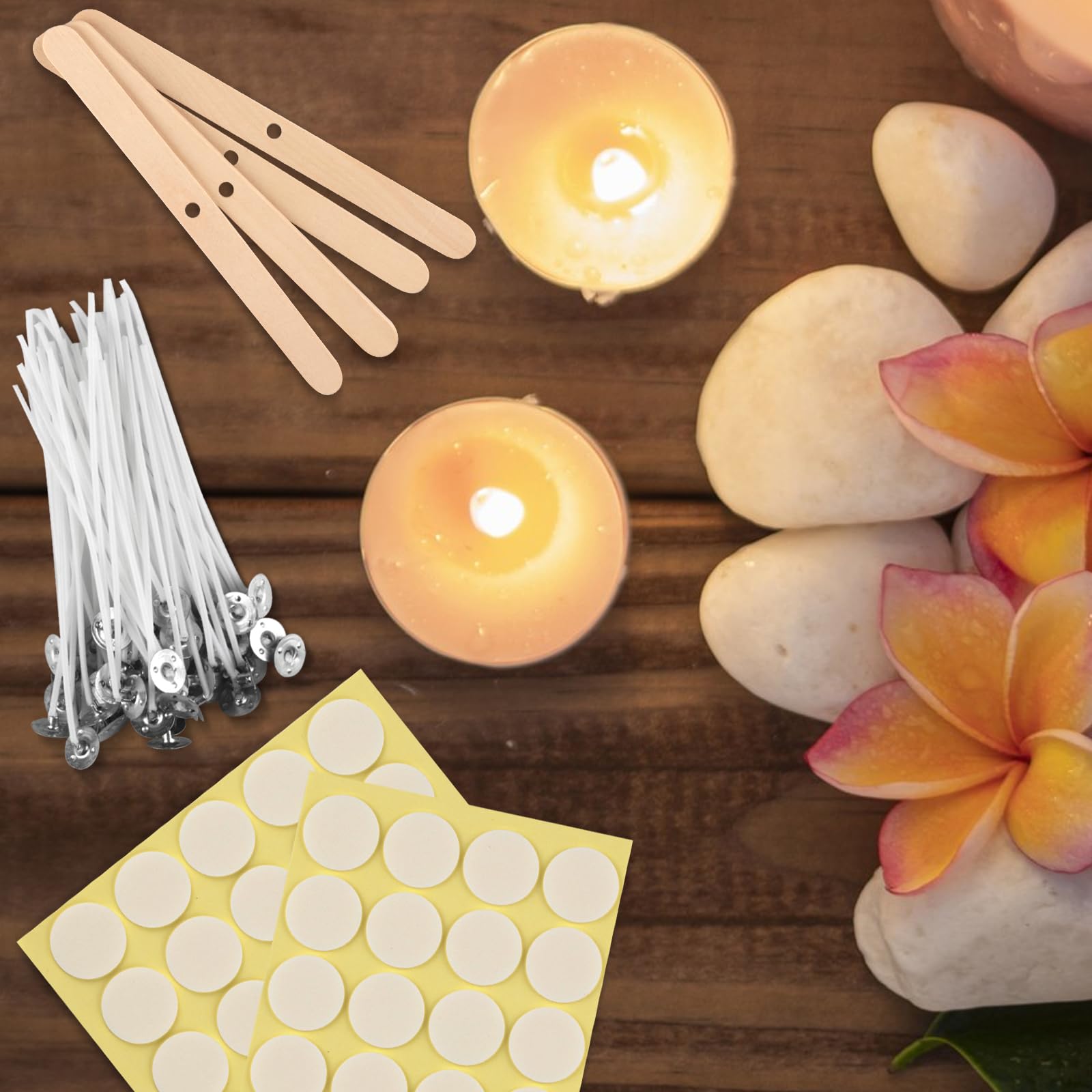 Kit 100 Mèches De Bougie 15cm En Coton Naturel - Avec 5 Supports Bois Et 60 Autocollants Double Face Pour DIY Bougies