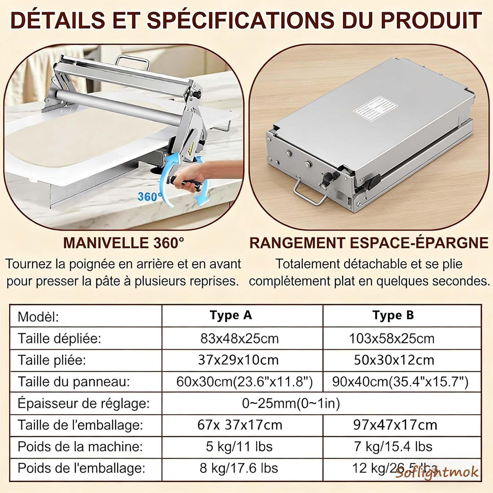 Laminoir à PâTe, Laminoir RéVersible pour PâTe FeuilletéE Et Fondante,Laminoir à PâTe Manuel, éPaisseur RéGlable De 0 à 25mm, Laminoir Pliable pour Boulangeries Et PâTisseries TypeB