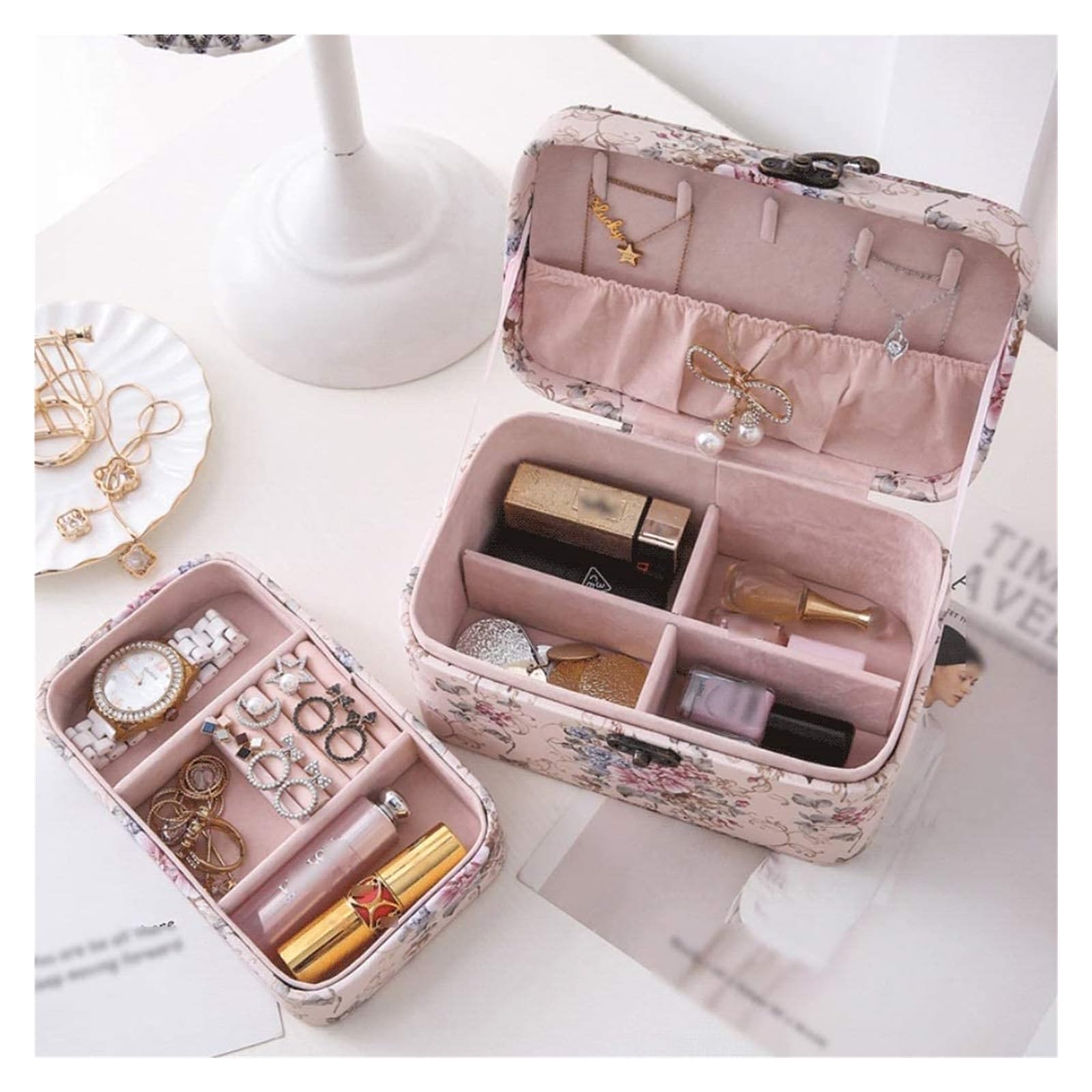 Szkatułka Na Biżuterię Eleganckie, podróżne etui do przechowywania w stylu retro 2-warstwowe damskie etui na biżuterię do noszenia naszyjnika Organizer biżuterii Uchwyt na biżuterię Pudełka I Organize